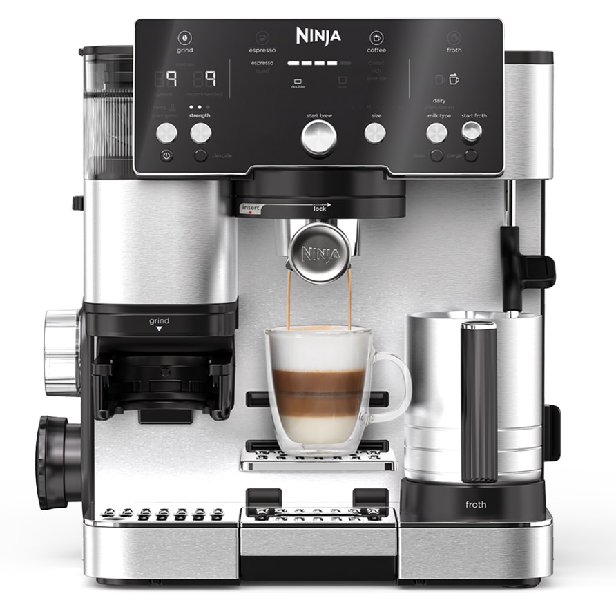Fotografie Espressor semi-automat 2in1 Ninja Luxe Cafe Essential ES501EU, 1650W, rasnita incorporata cu 25 trepte de macinare, Barista Assist, cantar incorporat, autocuratare a sistemului de spumare, 2 filtre Luxe si Double, inox