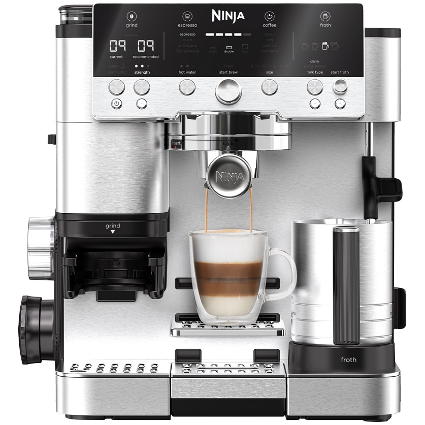 Fotografie Espressor semi-automat 3in1 Ninja Luxe Café Premier ES601EU, 1650W, Cold Brew, rasnita incorporata cu 25 trepte de macinare, Barista Assist, cantar incorporat, recipient de spumare cu tel integrat, autocuratare a sistemului de spumare, inox
