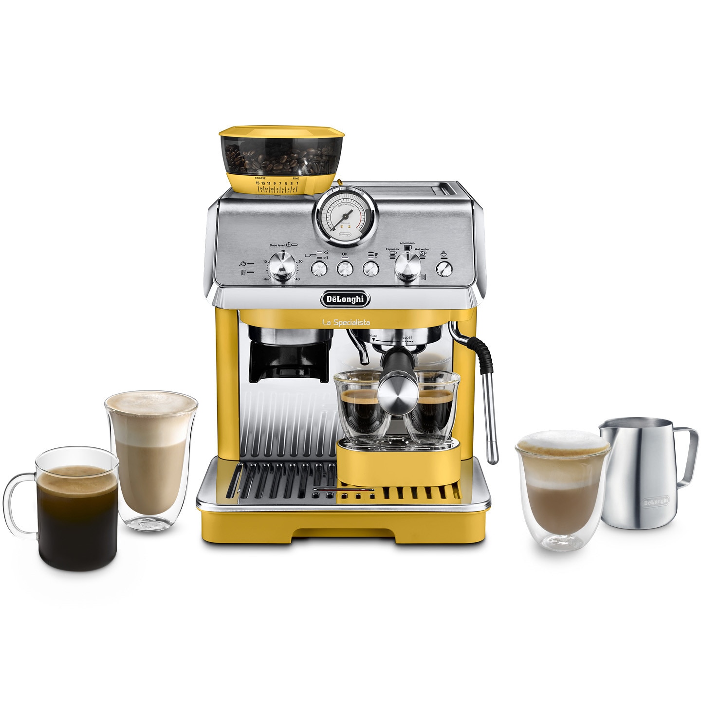 Fotografie Espressor Semi-Automat De’Longhi La Specialista Arte EC9155.YE, Kit Barista, sistem de dozare integrat, tehnologie de spumare My Latte Art, 3 trepte de temperatura, rasnita din otel inoxidabil cu 15 setari, 15 bari, 1550w, galben