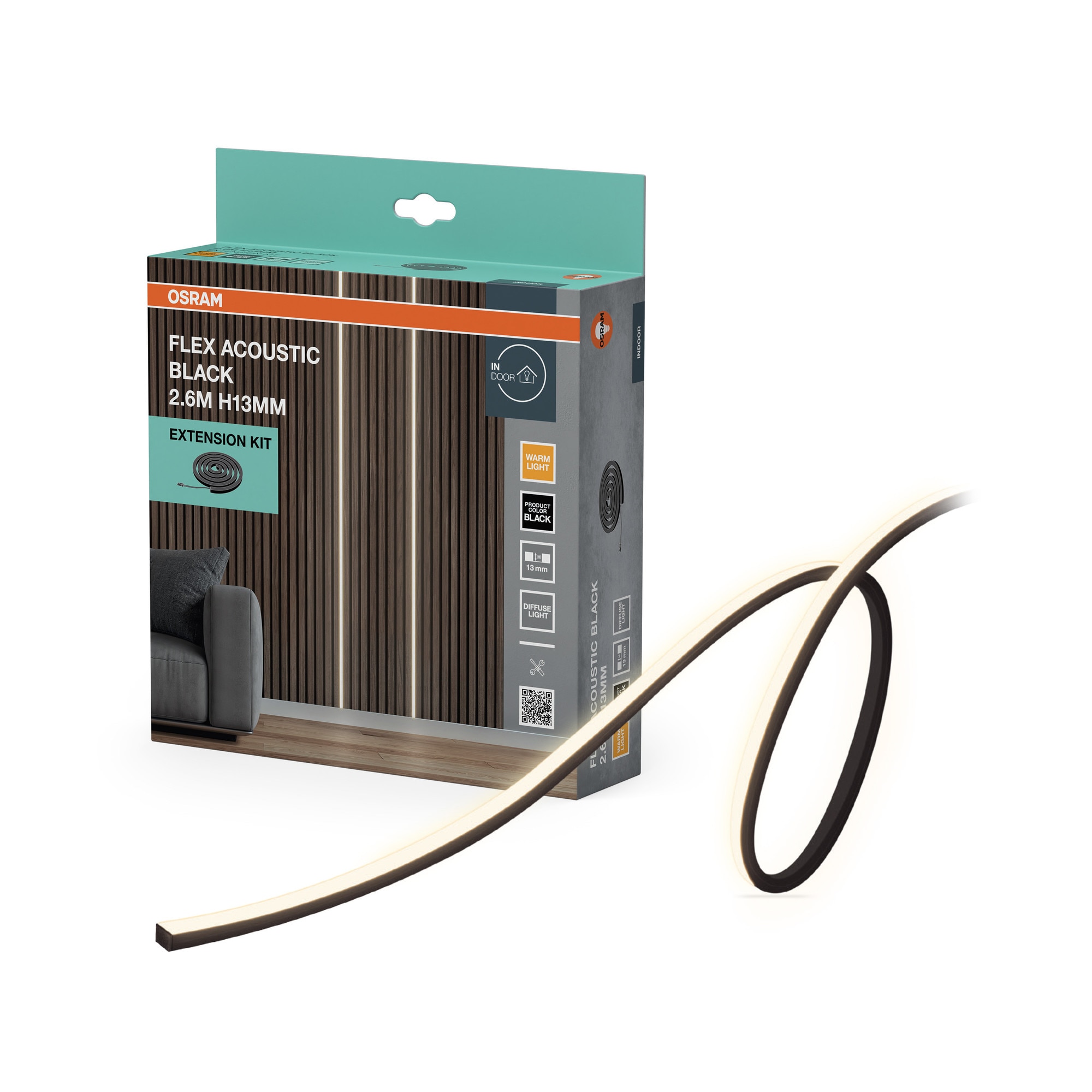 Fotografie Extensie banda LED OSRAM pentru riflaje compatibila cu produs cod 4099854677755, 24W, 260lm, lumina calda (3000K), alimentare priza, lungime 2600mm, inaltime 13mm, IP20, Negru.