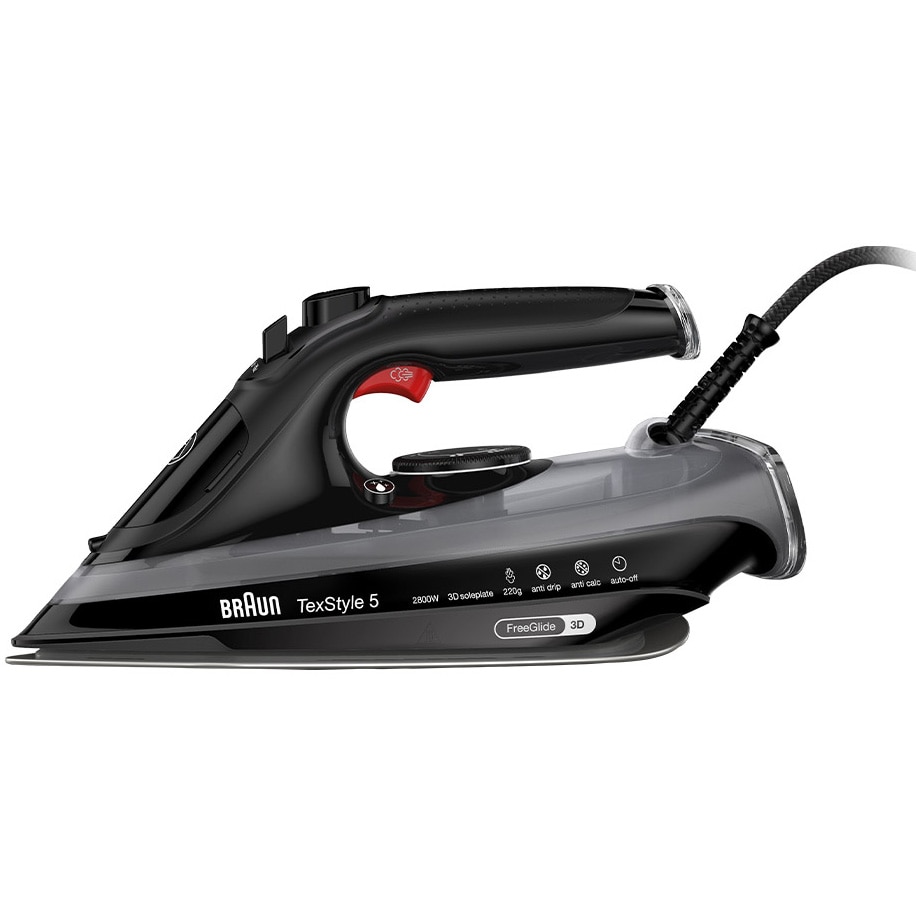 Fotografie Fier de calcat Braun FreeStyle 5 SI5088BK, 2800W, jet de abur 220g/min, abur variabil 0-50 g/min, talpa EloxalPlus, rezervor 300 ml, tehnologie FreeGlide, oprire automata, sistem antipicurare, negru
