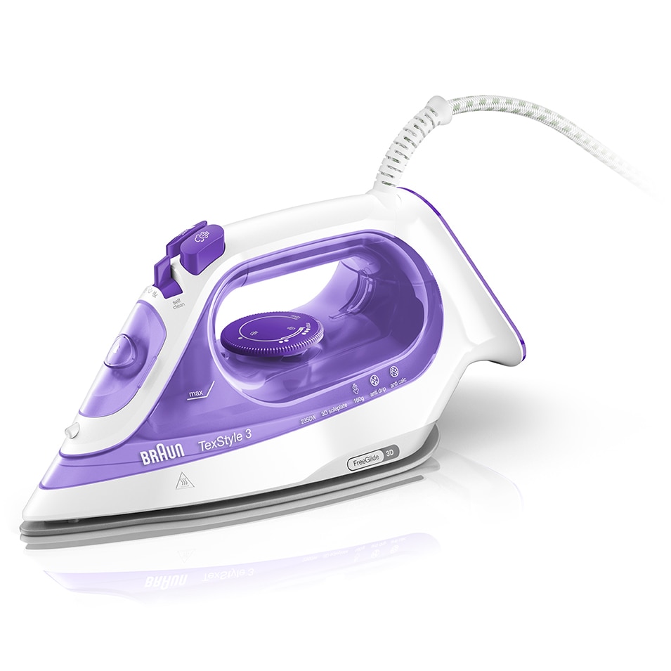 Fotografie Fier de calcat Braun TexStyle 3 SI3042VI, 2350W, jet de abur 160g/min, abur variabil 0-45 g/min, talpa SuperCeramic, rezervor 270 ml, tehnologie FreeGlide, sistem antipicurare, alb/violet
