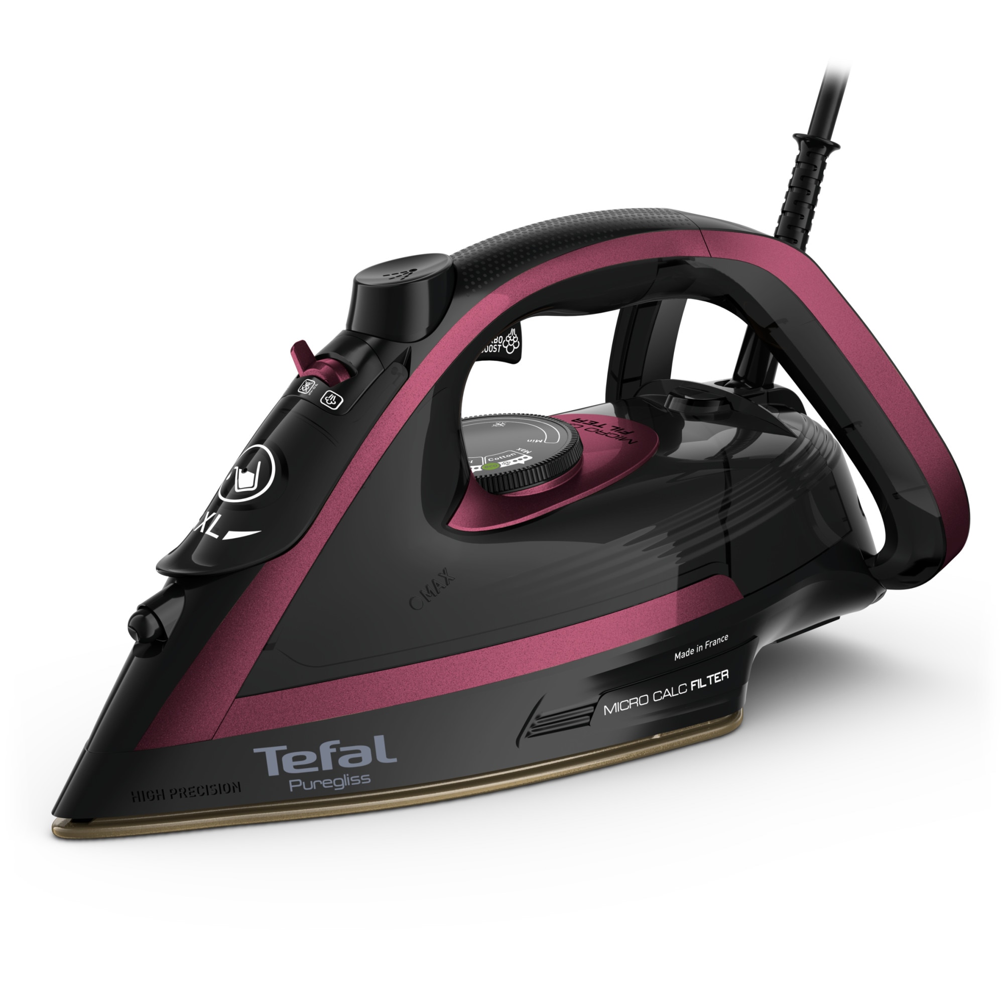 Fotografie Fier de calcat cu abur Tefal Puregliss FV8065E0, abur variabil 50 g/min, jet de abur 280 g/min, 3000 W, sistem Micro Calc Filter, negru & visiniu
