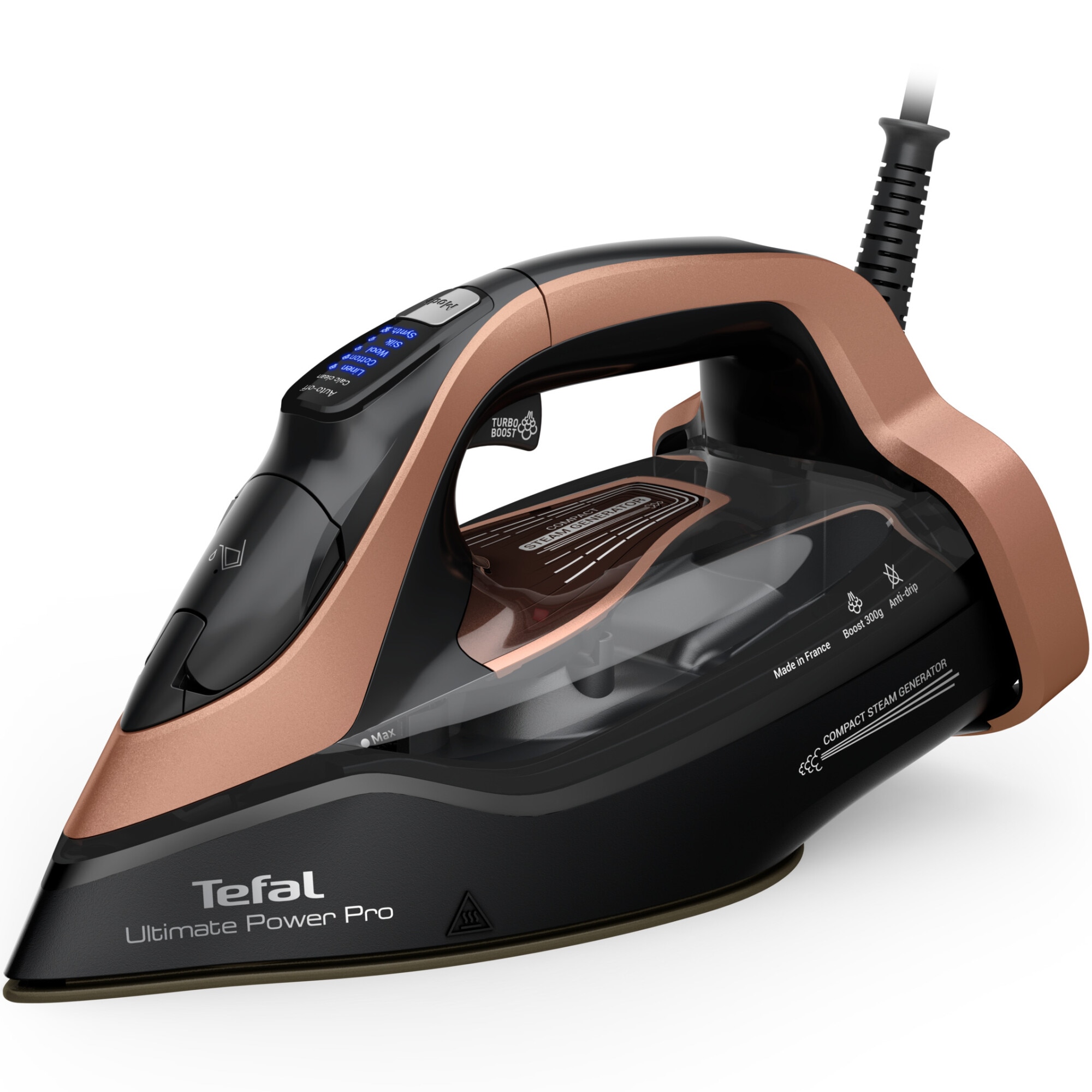 Fotografie Fier de calcat cu abur Tefal Ultimate Power Pro FV9E50E0, 3200W, jet de abur 300 g/min, abur variabil 0-85 g/min, rezervor apa 350 ml, talpa Durilium AirGlide AutoClean, oprire automata, panou comanda LED, filtru anticalcar, sistem antipicurare, negru&roz
