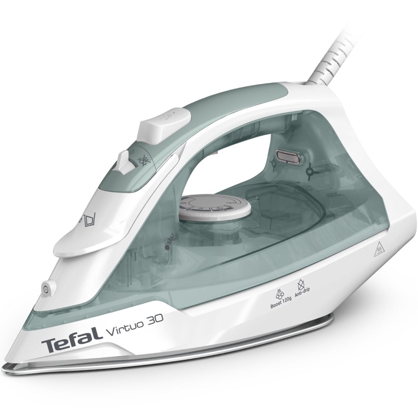 Fotografie Fier de calcat cu abur Tefal Virtuo FV2C42E0, 2000W, jet de abur 120 g/min, abur variabil 0-27 g/min, rezervor apa 240 ml, talpa ceramica, varf de precizie, sistem anticalcar, protectie antipicurare, verde & alb
