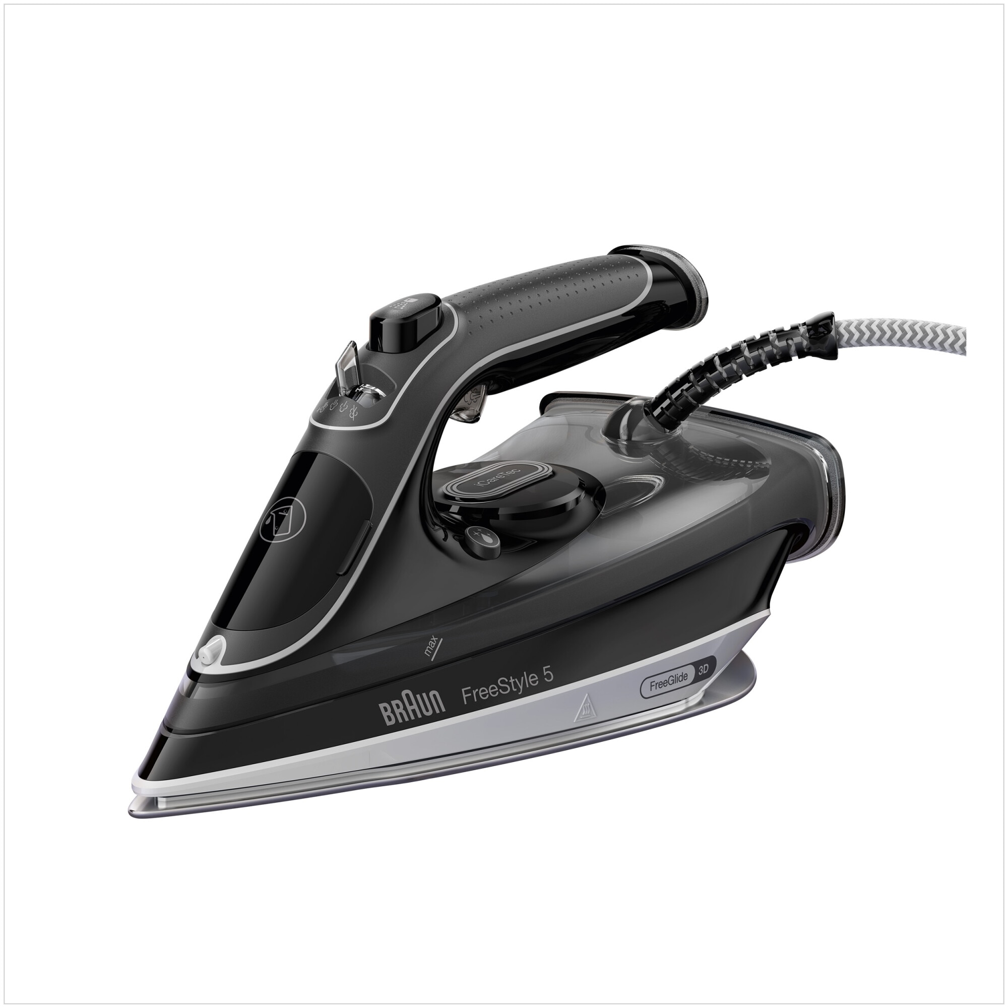 Fotografie Fier de calcat FreeStyle 5 SI5188BK, 2800W, jet de abur 220g/min, abur variabil 0-50 g/min, talpa EloxalPlus, rezervor 330 ml, tehnologie iCare, tehnologie FreeGlide, oprire automata, sistem antipicurare, negru
