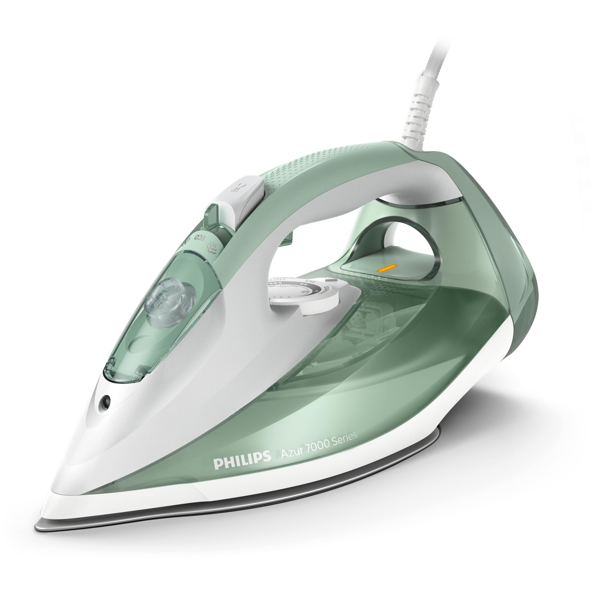 Fotografie Fier de calcat Philips Azur DST7012/70, 2600W, debit de abur continuu de 45g/min si jet de abur de 220 g, talpa SteamGlide Plus, rezervor de 300ml si sistem de curatare automata cu rezervor integrat pentru calcar, verde/ gri