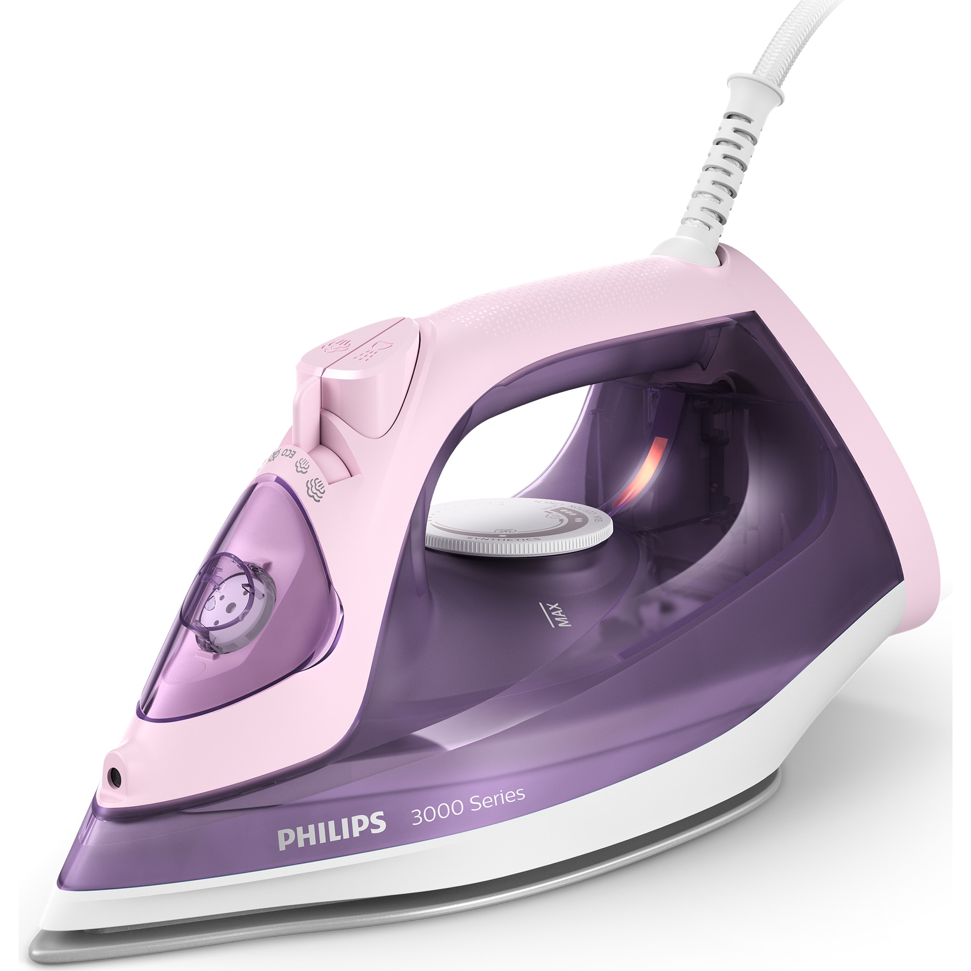 Fotografie Fier de calcat Philips DST3020/30, 2200 W, capacitate rezervor 300 ml, debit abur 35 g/min, jet de abur 160 g, talpa ceramica, glisor anticalcar,Alb-Mov