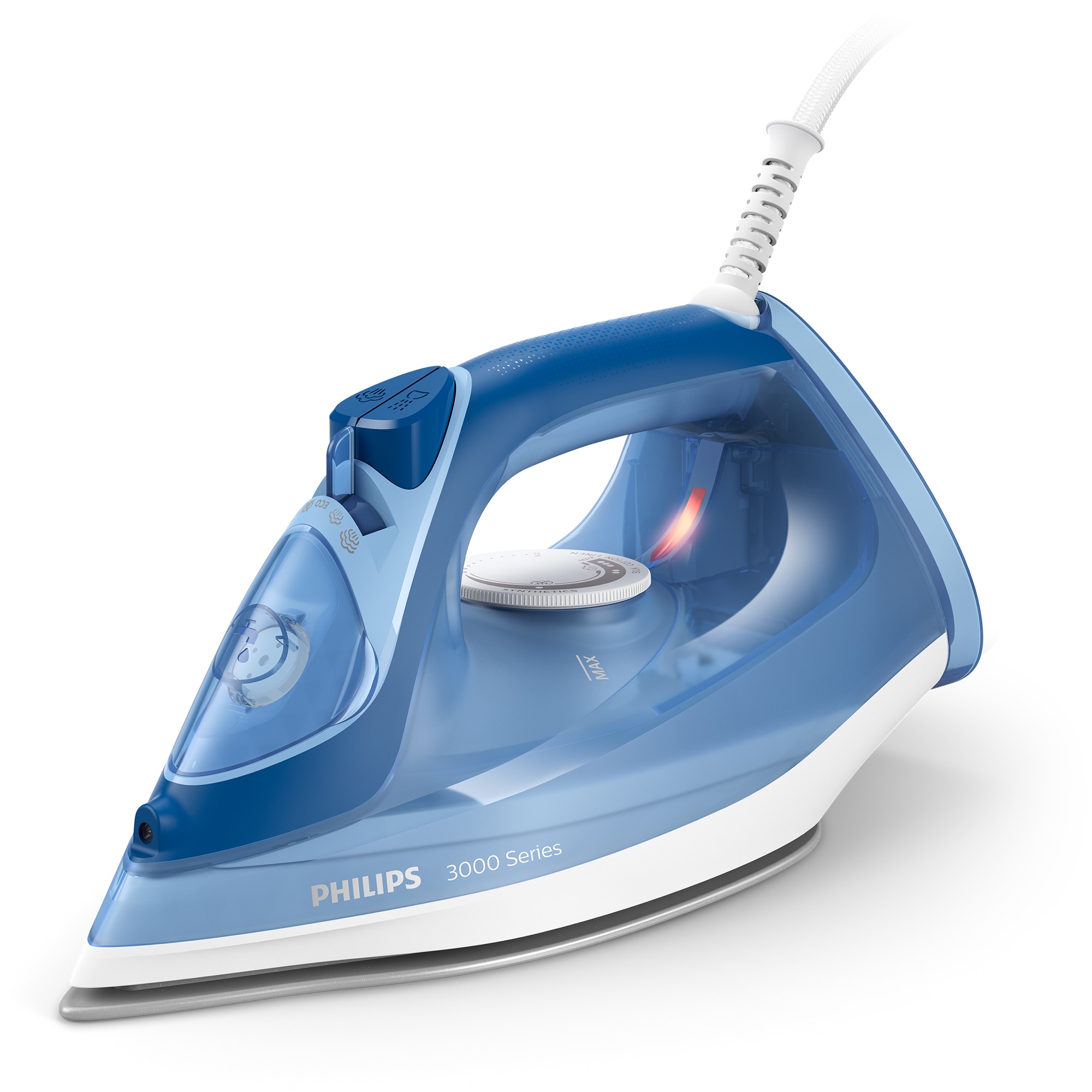 Fotografie Fier de calcat Philips DST3031/20, putere 2400W, jet continuu de abur 40g/min, culoare albastru, rezervor de apa 300ml, talpa ceramica, oprire automata.