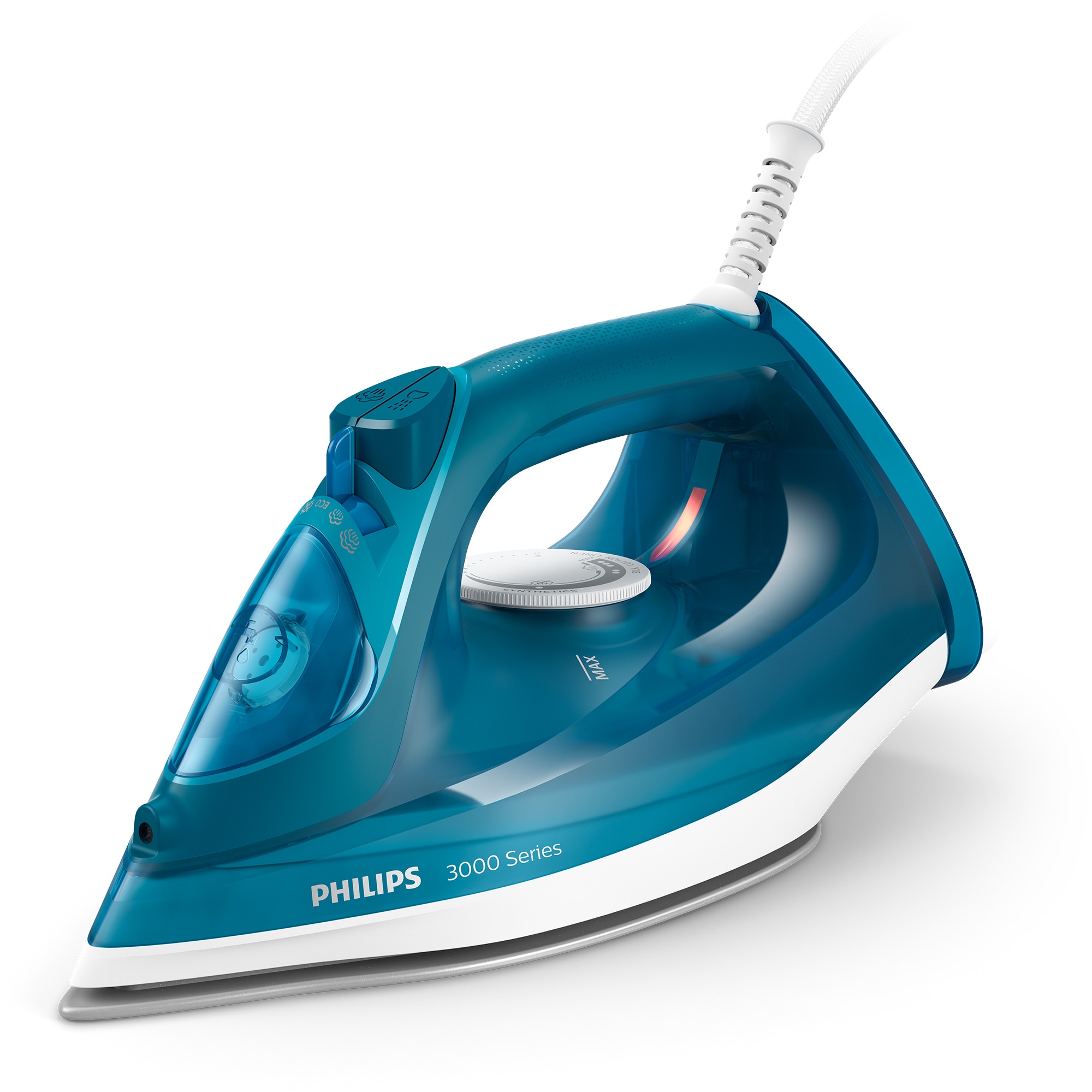 Fotografie Fier de calcat Philips DST3040/70, putere 2600W, jet continuu de abur 40g/min, culoare albastru deschis, rezervor de apa 300ml, talpa ceramica, oprire automata.