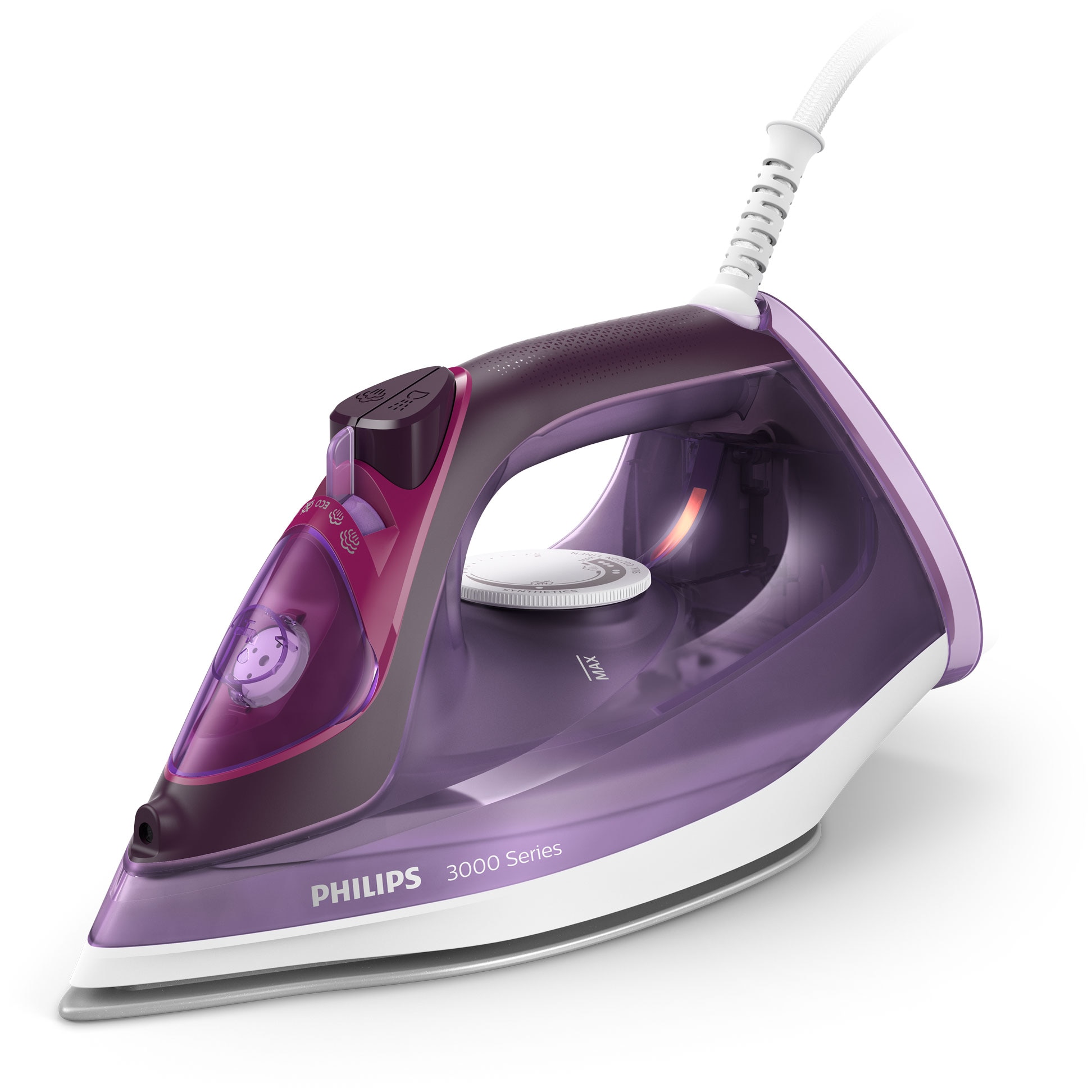 Fotografie Fier de calcat Philips DST3041/30 seria 3000, 2600W, talpa ceramica, abur 40 g/min, jet de abur 200 g, capacitate rezervor 300ml, glisor anticalcar, sistem anti picurare, cutie de depozitare rezistenta la caldura, Mov