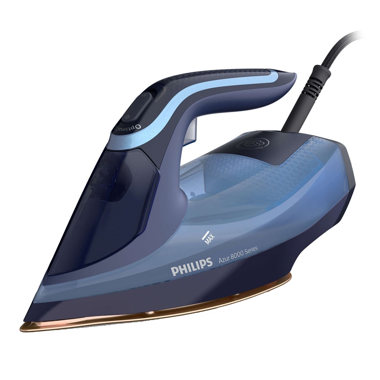 Fotografie Fier de calcat Philips DST8020/20 Seria 8000, 3000W, talpa Steamglide Elite Rosecopper, OptimalTemp, Abur 55 g/min, jet de abur 240 g, capacitate rezervor 300ml, Detartrare Quick Calc Release, Oprire automata, Albastru