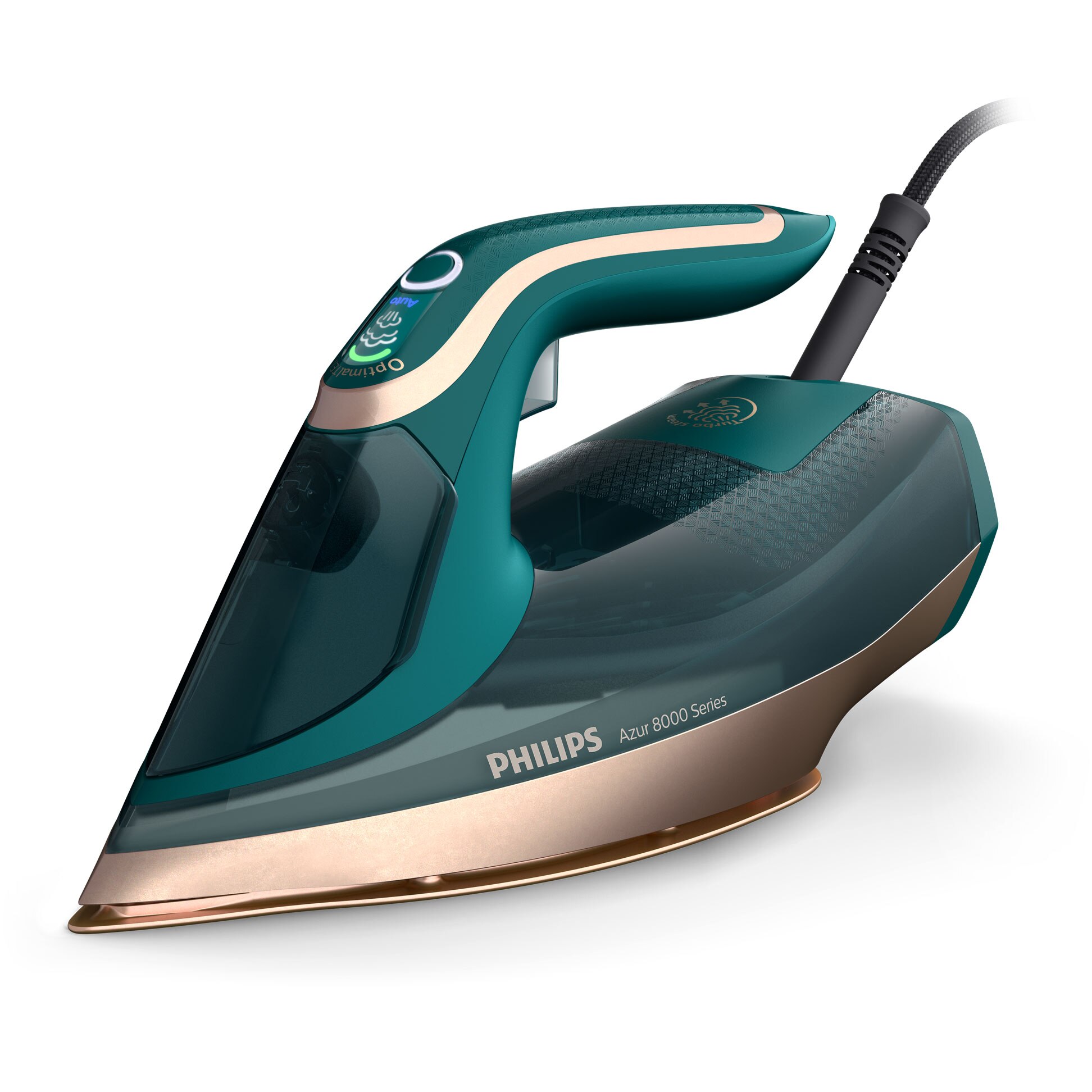 Fotografie Fier de calcat Philips DST8030/70 Seria8000, 3000W, OptimalTemp, talpa Steamglide Elite si DinamiQ, pompa Turbosteam Abur 70 g/min, jet de abur 240 g, capacitate rezervor 350ml, Detartrare Quick Calc Release, oprire automata, sistem antipicurare, Turcoaz