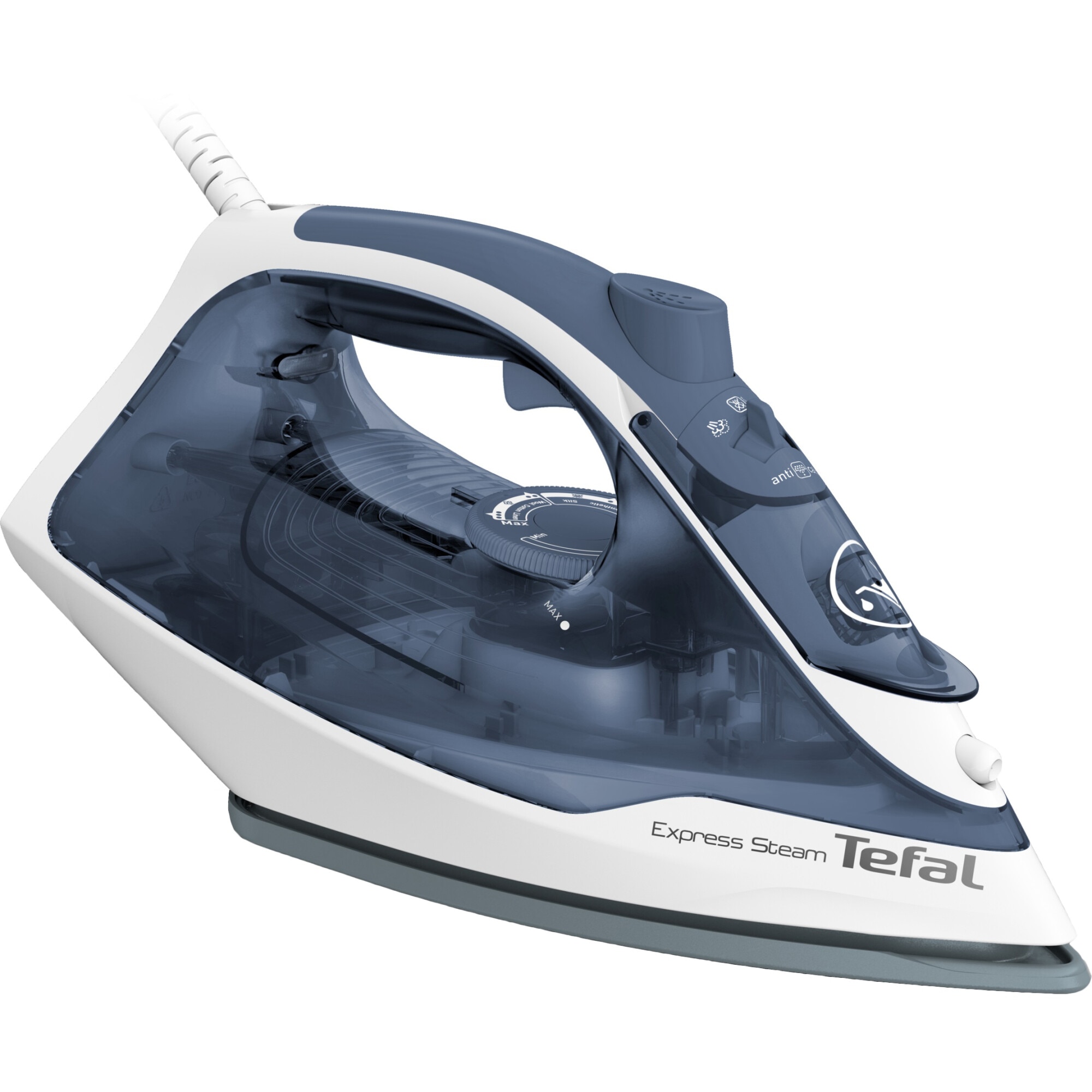 Fotografie Fier de calcat Tefal Express Steam FV2837E0, 2400W, jet de abur 165 g/min, abur variabil 0-35 g/min, 270 ml, talpa Cerilium, alb/ albastru