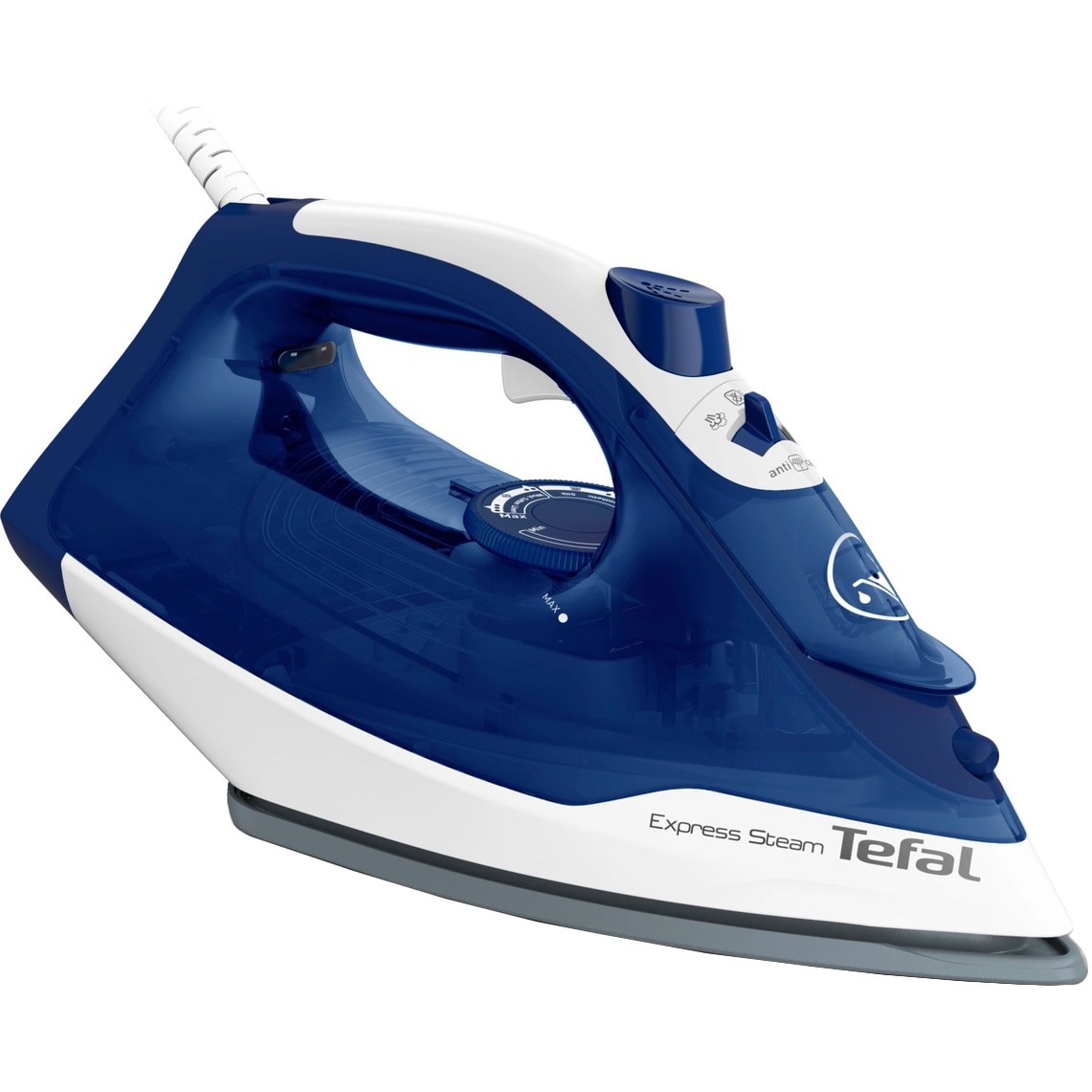 Fotografie Fier de calcat Tefal Express Steam FV2838E0, 2400W, jet de abur 180 g/min, abur variabil 0-40 g/min, 270 ml, functie anticalcar, alb/albastru