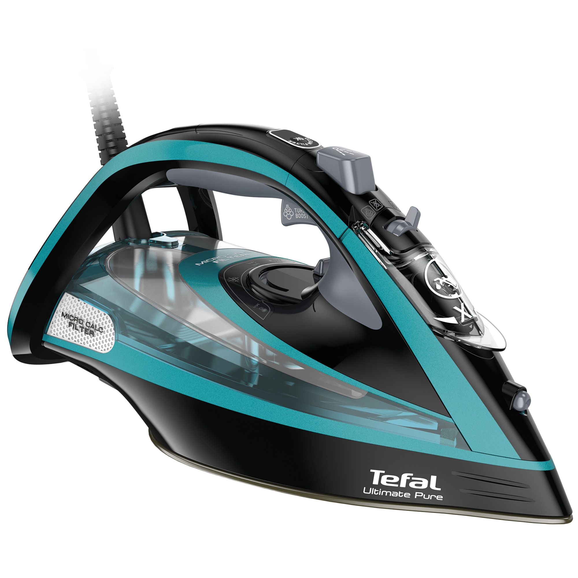 Fotografie Fier de calcat Tefal FV9844E0 Ultimate Pure, 3200 W, Talpa Durilium AirGlide Autoclean, jet de aburi 250gr/min, Micro-Calc Filter 2in1, Negru/Bleu