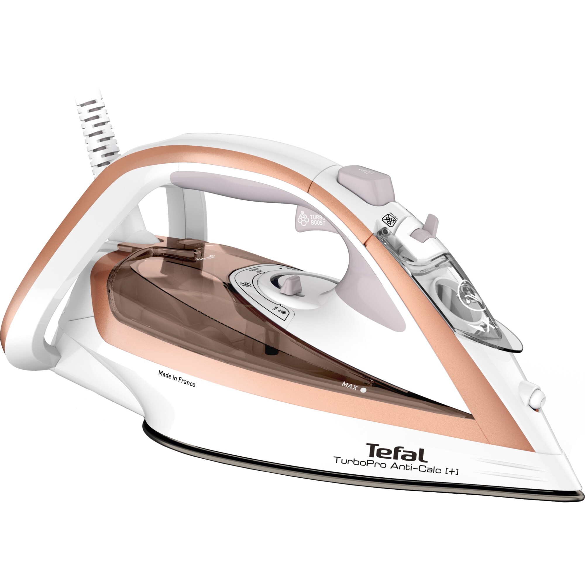 Fotografie Fier de calcat Tefal Turbo Anti-Calc FV5697E1, 3000W, jet abur 270 g/min, abur variabil 0-50 g/min, colector anticalcar, oprire automata, alb/roz