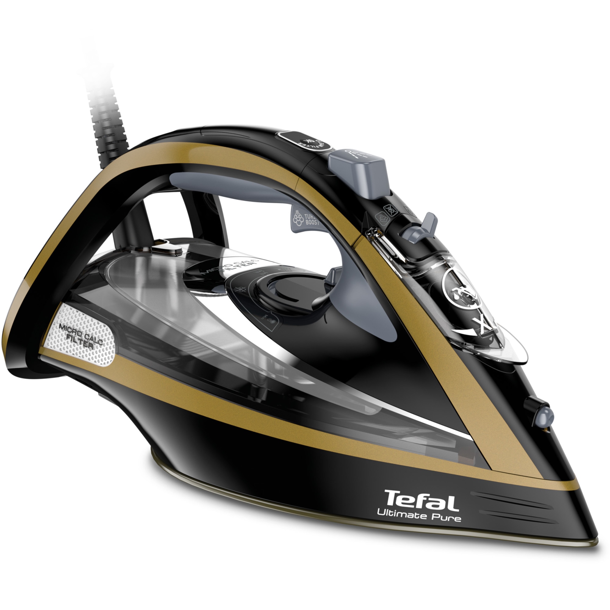 Fotografie Fier de calcat Tefal Ultimate Pure FV9847E0, 3200W, jet de abur 260g/min, abur variabil 0-60g/min, rezervor apa 350ml, talpa Durilium AirGlide AutoClean, oprire automata, negru/auriu