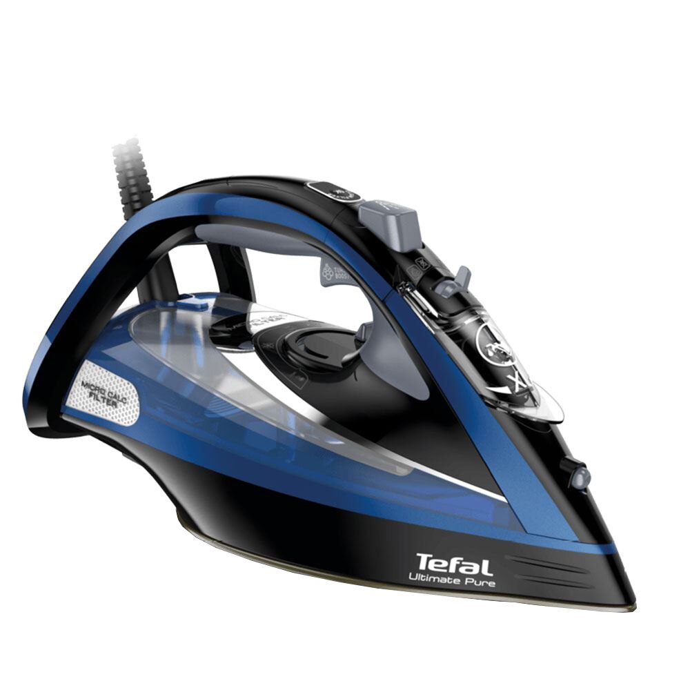 Fotografie Fier de calcat Tefal Ultimate Pure FV9848E0, 3200W, Jet de abur 260g/min, Abur variabil 0-60g/min, Functie anticalcar, Oprire Automata, Talpa Durilium Airglide Autoclean, Negru/Albastru