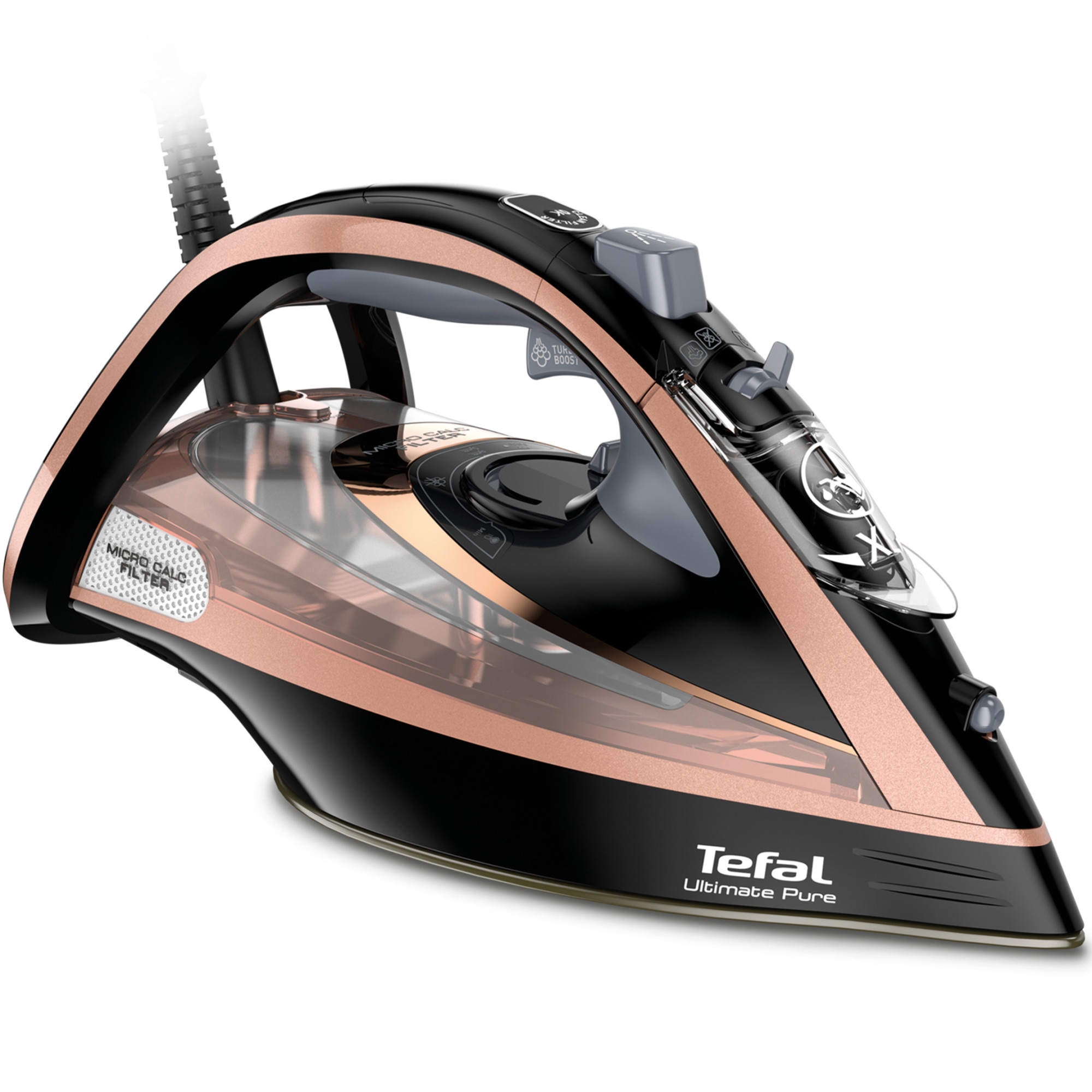 Fotografie Fier de calcat Tefal Ultimate Pure FV9867E0, 3000W, talpa Durilium AirGlide Autoclean, jet de aburi 260 g/ min, tehnologie Micro-Calc Filter 2in1, negru