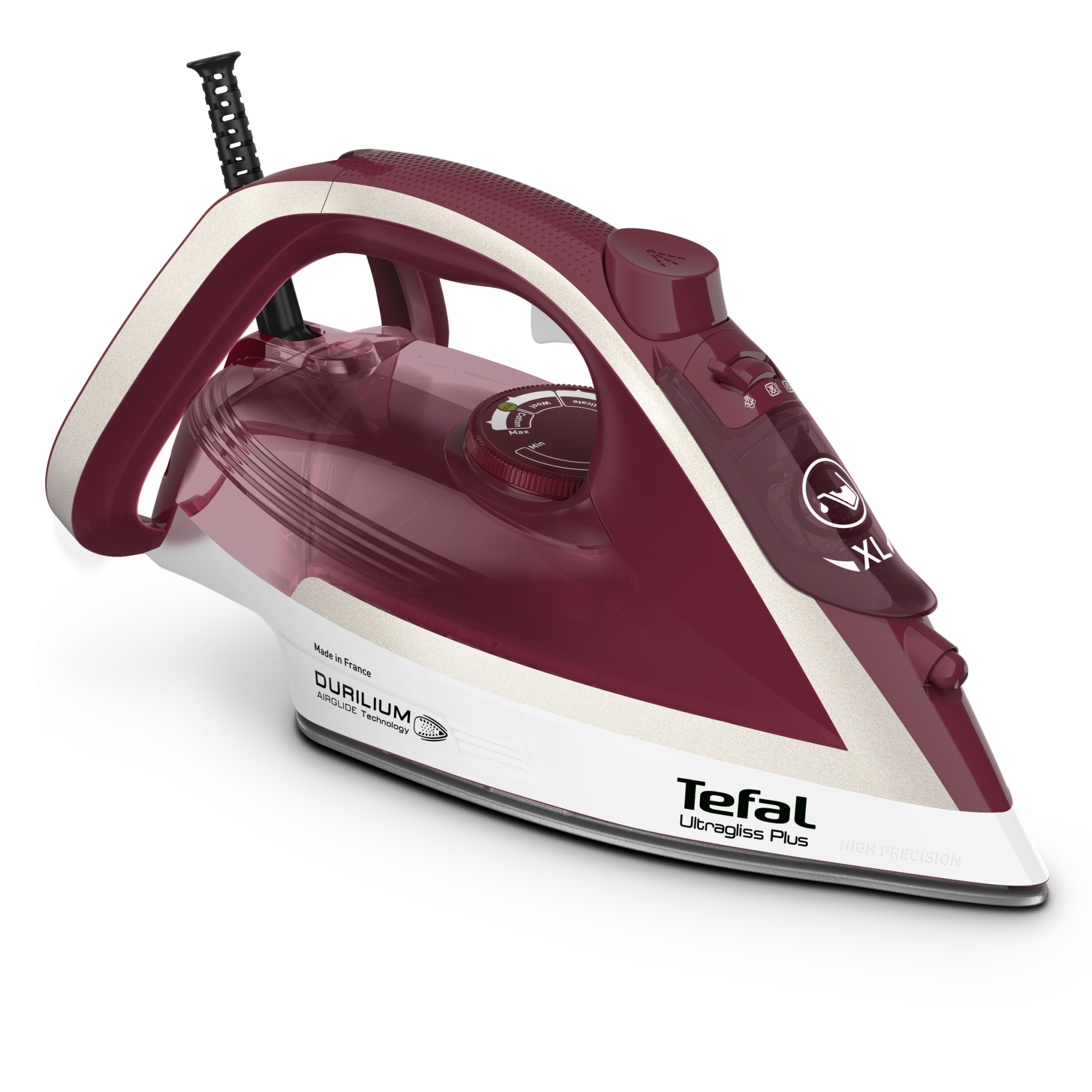 Fotografie Fier de calcat Tefal Ultragliss Plus FV6810E0, 2800W, jet de abur 250 g/ min, abur variabil 0-50g/min, rezervor apa 270 ml, talpa Durilium AirGlide, functie anti-calcar, visiniu/alb