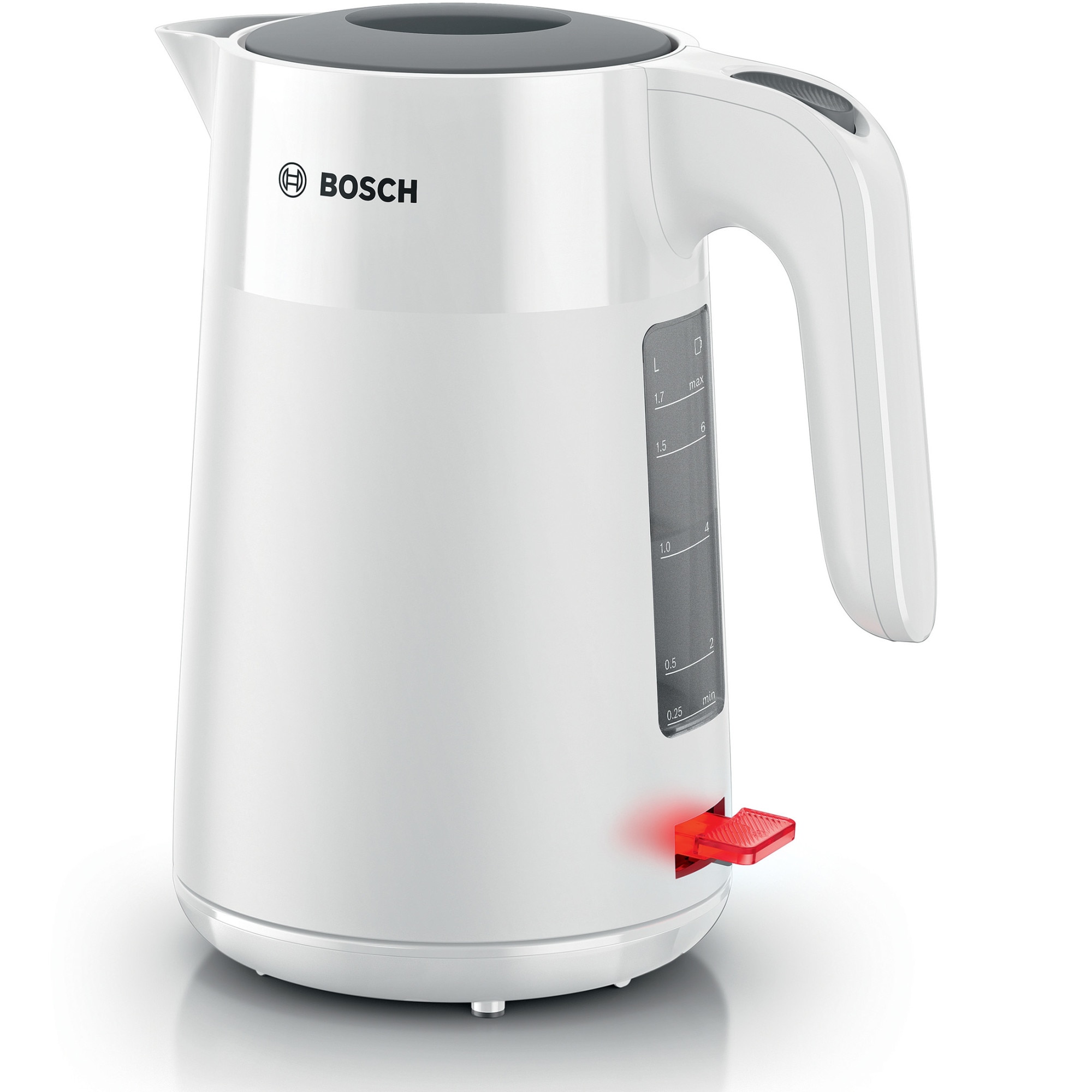Fotografie Fierbator de apa Bosch TWK2M161, 1.7l, filtru de calcar,oprire automata, protectie impotriva supraincalzirii si functionarii fara apa, oprire in momentul ridicarii canii de pe suport, Alb