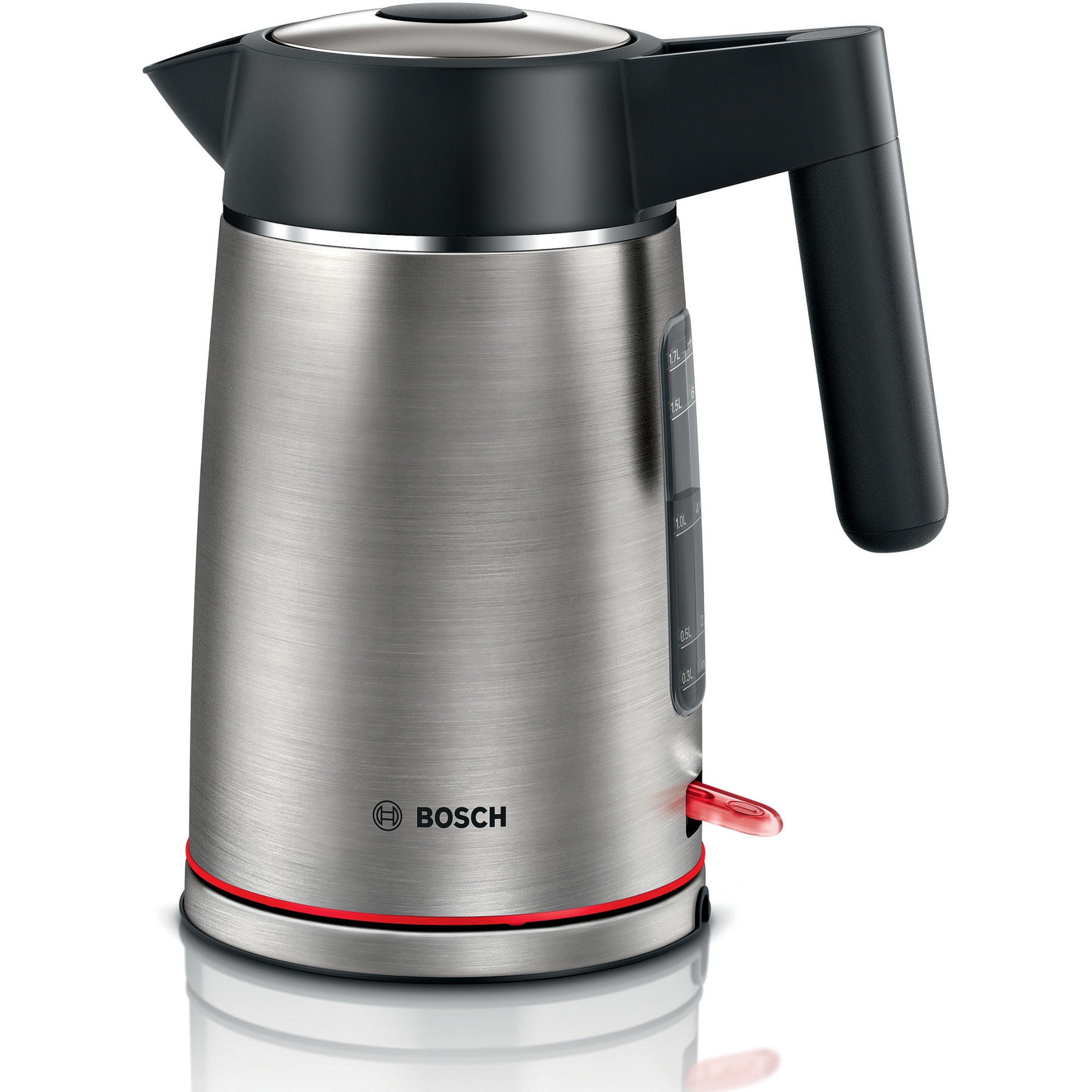 Fotografie Fierbator de apa Bosch TWK6M480, 1.7l, filtru de calcar,oprire automata, protecţie împotriva supraincalzirii şi funcționarii fara apa, oprire în momentul ridicarii canii de pe suport, Inox