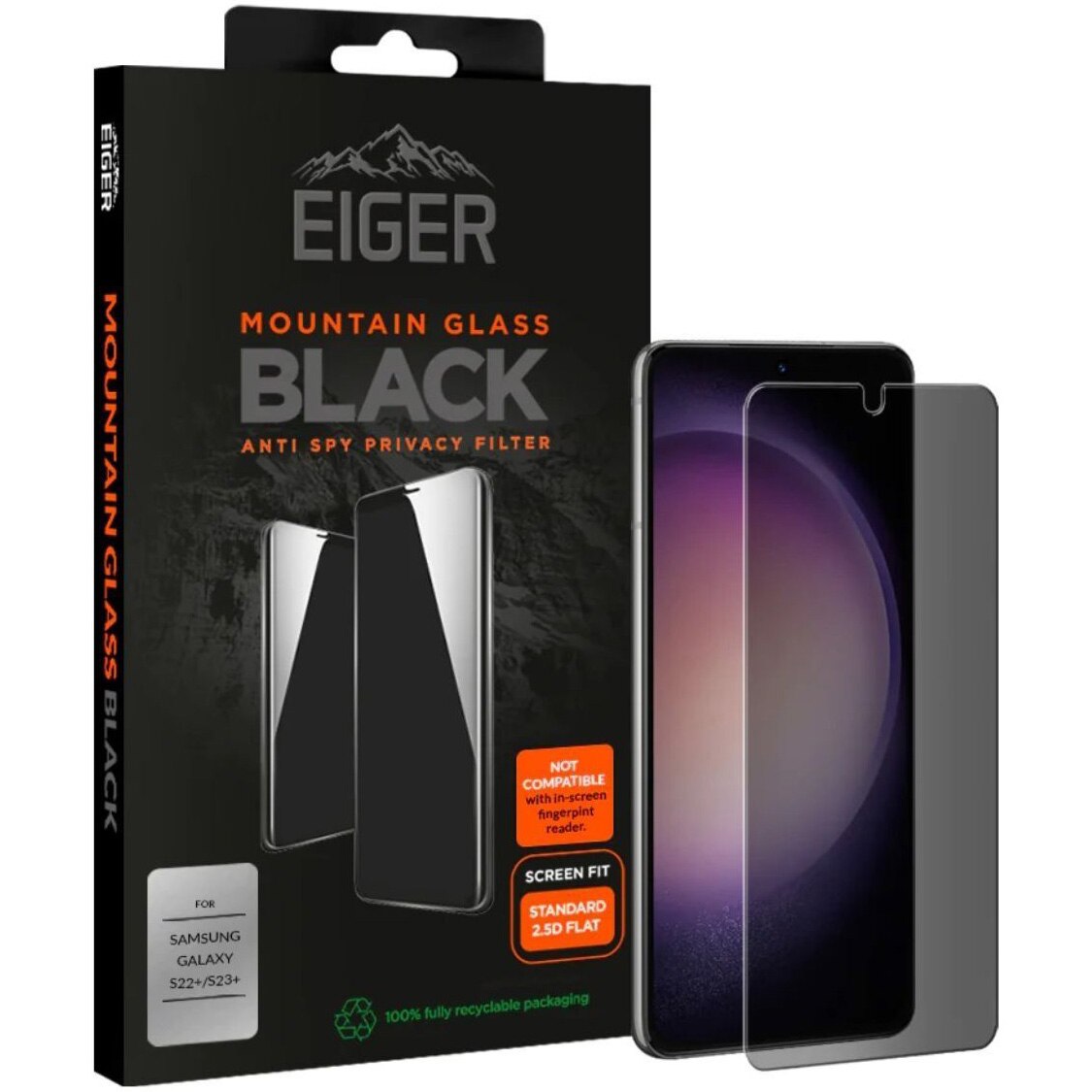 Fotografie Folie de protectie Eiger Sticla 2.5D Mountain Glass Privacy pentru Samsung Galaxy S23 Plus, Black