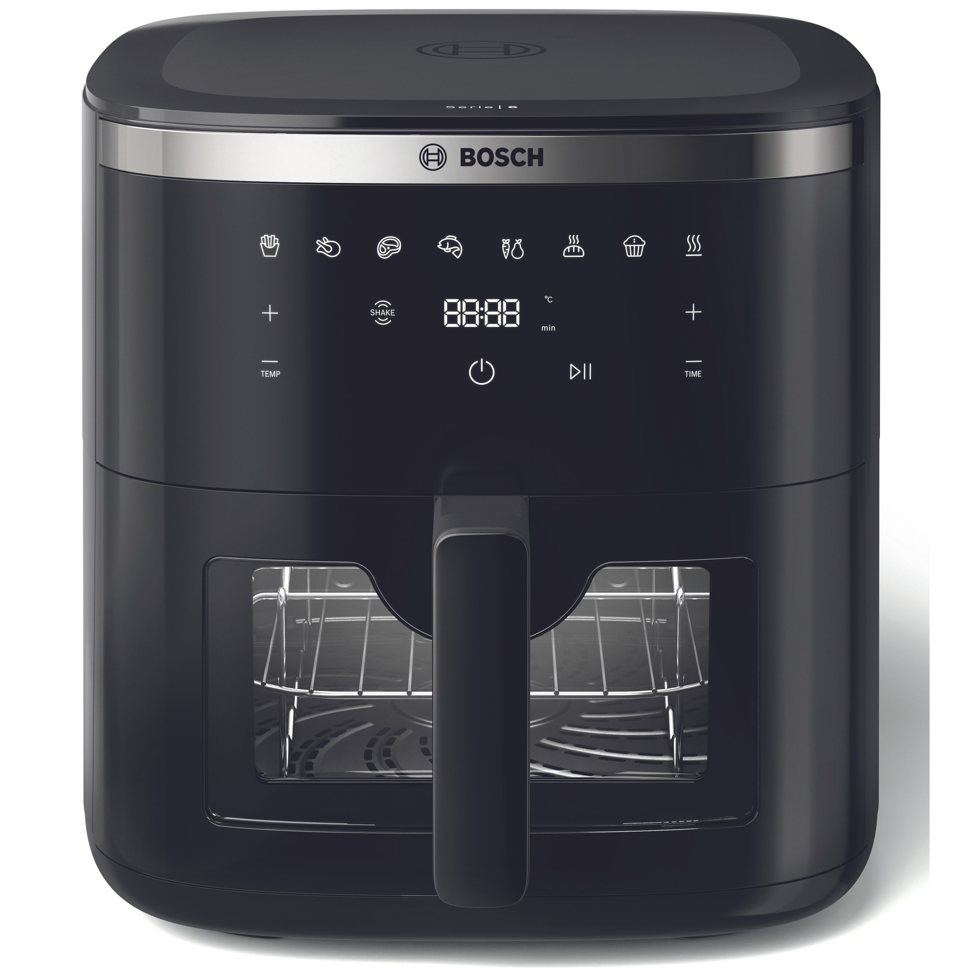 Fotografie Friteuza cu aer cald Bosch MAF671B1, 1800W, 8 programe, Capacitate 7.2 l, set grill, Touch control, afisaj digital, curatare usoara, fereastra de monitorizare, Negru