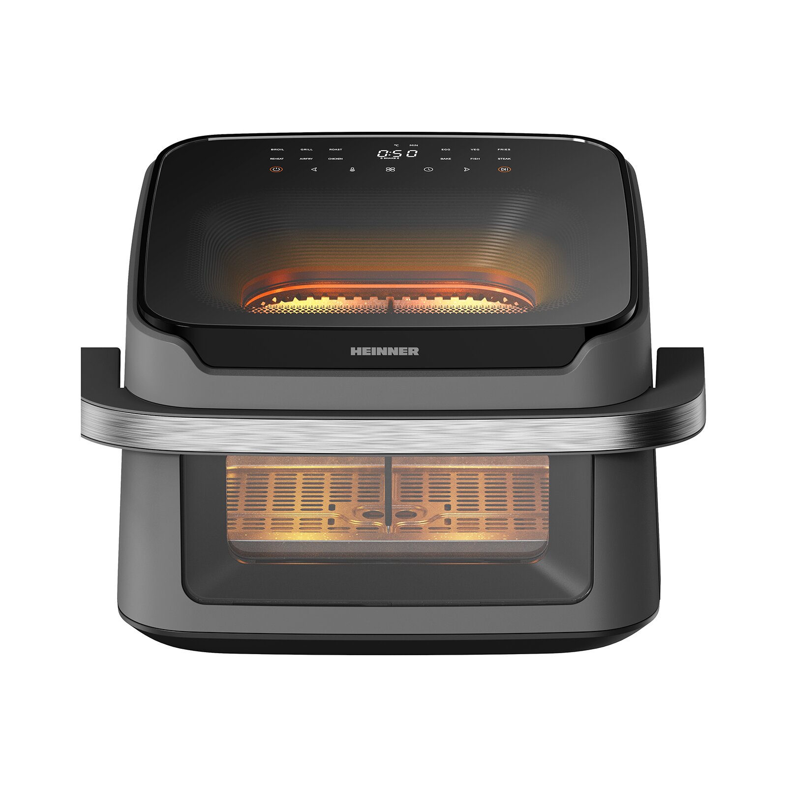 Fotografie Friteuza cu aer cald Heinner AirBake Revolution HAF-C10DB22GREY, 2200W, 10L, 12 programe, Dubla compartimentare, 2 ferestre vizualizare, Lumina interna, 80-200C, Timer 60 min, Gri antracit