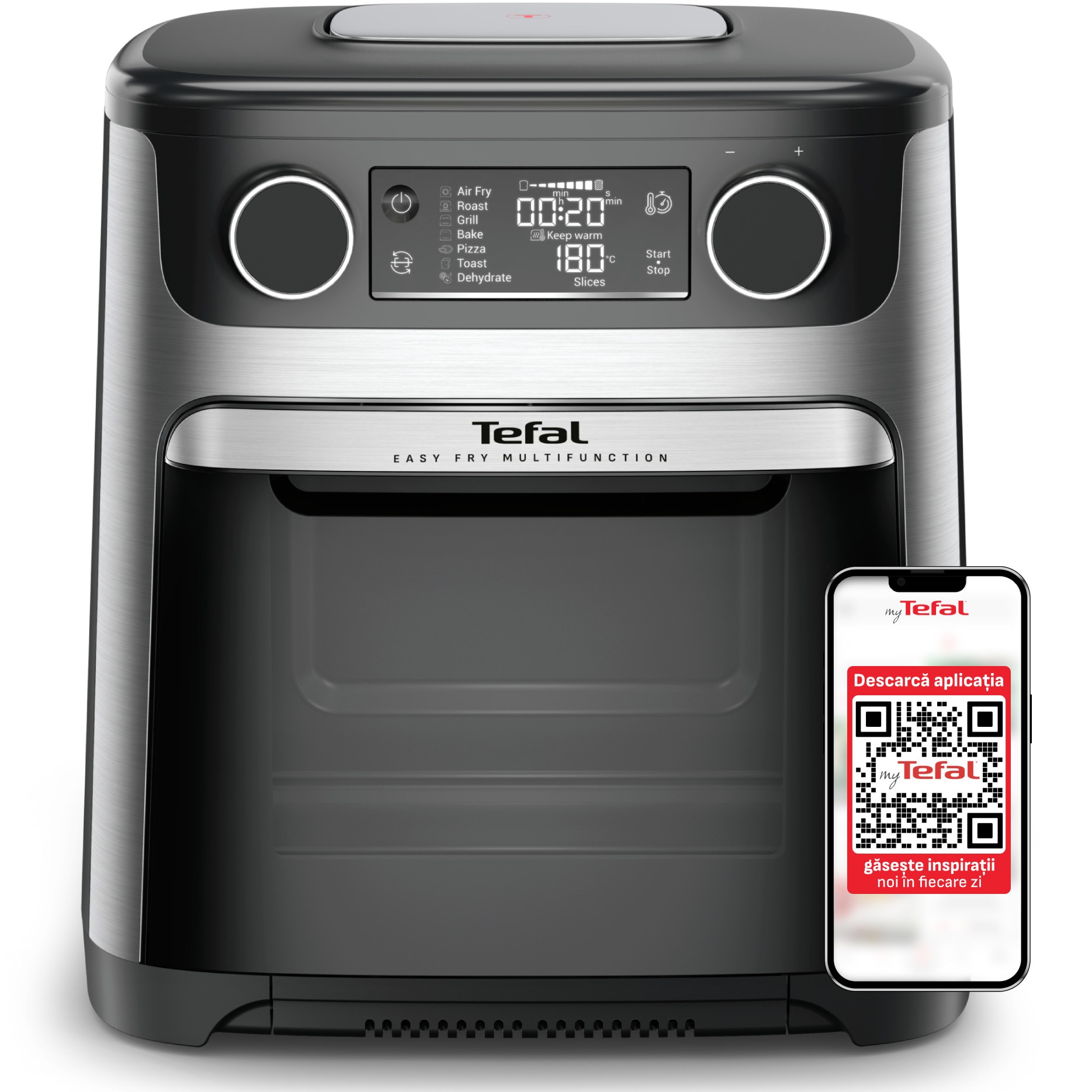 Fotografie Friteuza cu aer cald Tefal Easy Fry Multifunction, air fryer & oven FW556DE0, 1800W, 15L, 9 programe automate, ecran LCD, tehnologia Extra-Crisp, temperatura ajustabila, Argintiu & Negru