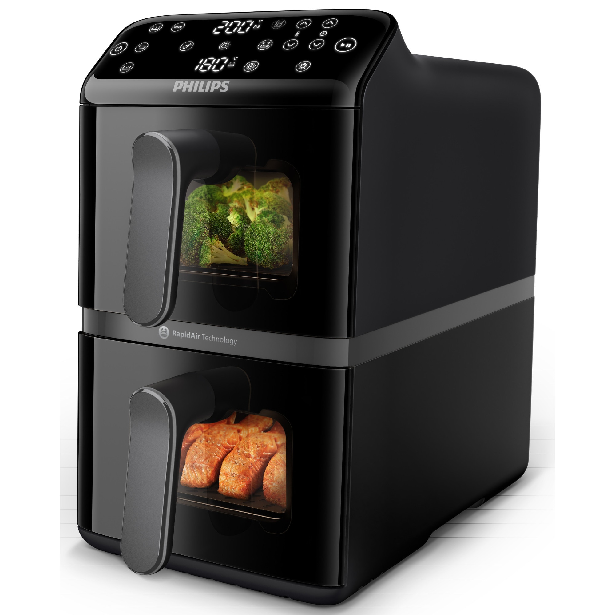 Fotografie Friteuza cu aer cald verticala Philips Dual Basket Stacked Seria 4000, NA460/00, compact digital, 2 cosuri simetrice suprapuse cu ferestre si strat ceramic fara PFAS, capacitate totala 10L, 2750 W, 13-in-1 functii de gatire, 6 programe presetate, negru