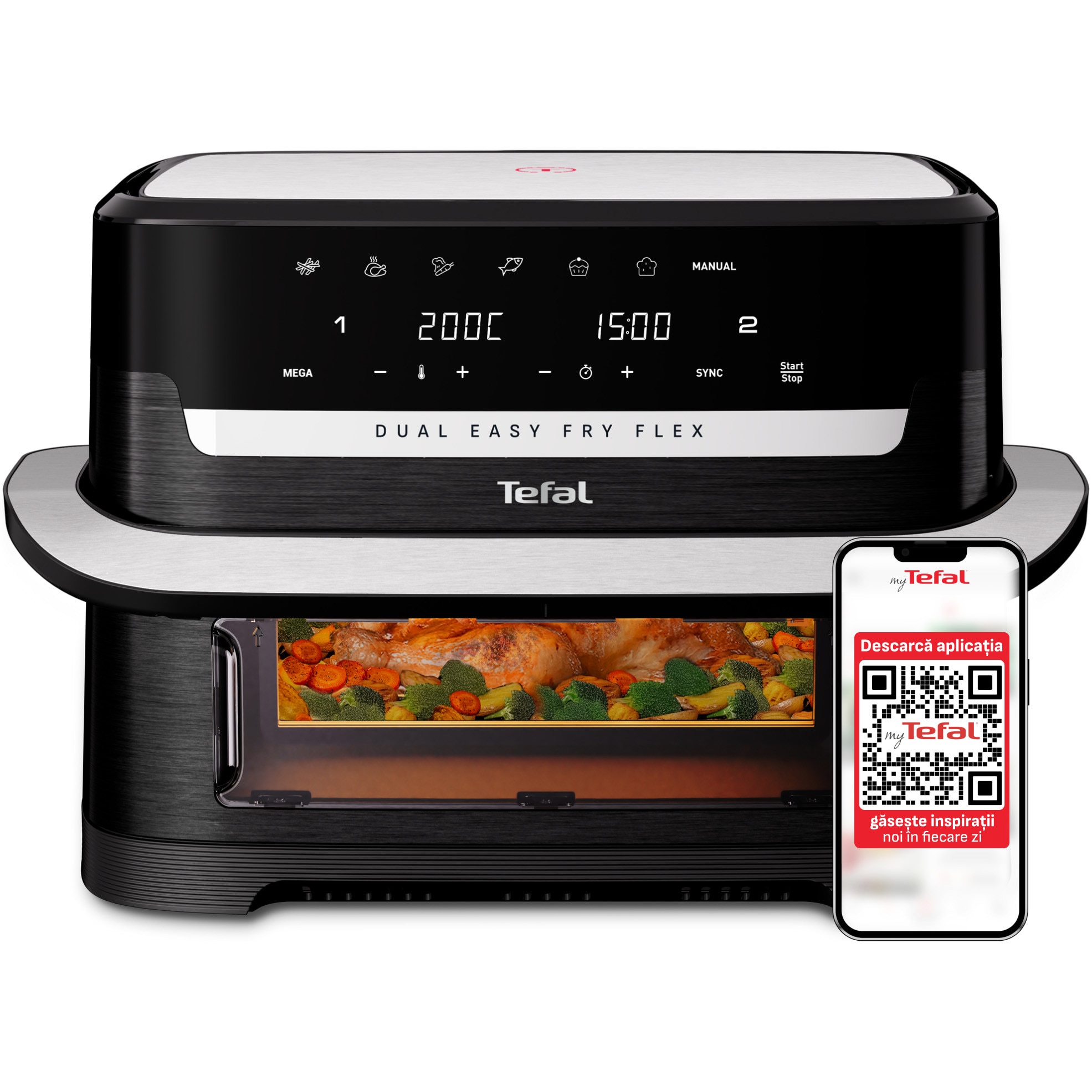 Fotografie Friteuza dubla cu aer cald Tefal Dual Easy Fry Flex EY9228E0 air fryer, 2700W, capacitate 9L, 7 programe, gatire pe 2 zone cu divizorul FlexCook, temperatura ajustabila 40-200°C, display digital, mod Sync, oprire automata, negru & argintiu