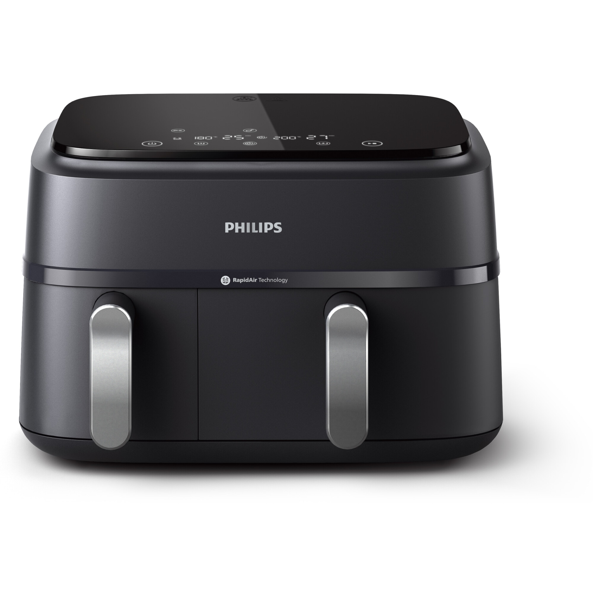 Fotografie Friteuza dubla fara ulei Philips Airfryer Seria 3000 NA351/00, tehnologia Rapid Air, 2 recipiente de 2 dimensiuni, afisaj digital, 8 presetari, capacitate 9 litri, cronometru, compatibila cu HomeID