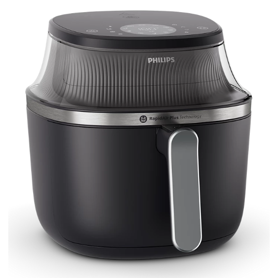 Fotografie Friteuza fara ulei Philips Airfryer Seria 3000 NA341/00, compact digital, 2000 W, capacitate 7.2L, afisaj digital, fereastra, 16-in-1 functii de gatire, 12 programe presetate, curatare usoara, Culoare: negru cu maner argintiu.