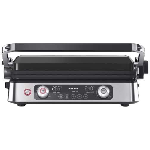 Fotografie Gratar electric Braun MultiGrill 9 Pro CG9140, 2200 W, 3 moduri de gatire, 2 zone de gatit cu termostate electronice independente, 3 programe automate, 1 set plăci detasabile, deschidere 180°, functie Sear, tava scurgere detasabila, argintiu
