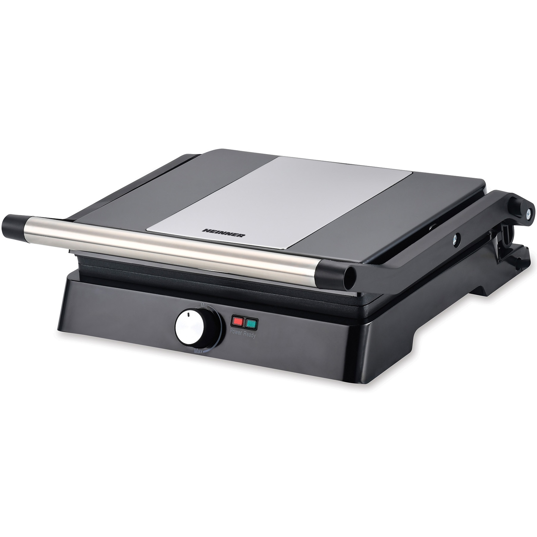 Fotografie Gratar electric Heinner HEPG-F2000BKSS, placi fixe antiadezive, deschidere 180°, temperatura reglabila, Negru/Inox