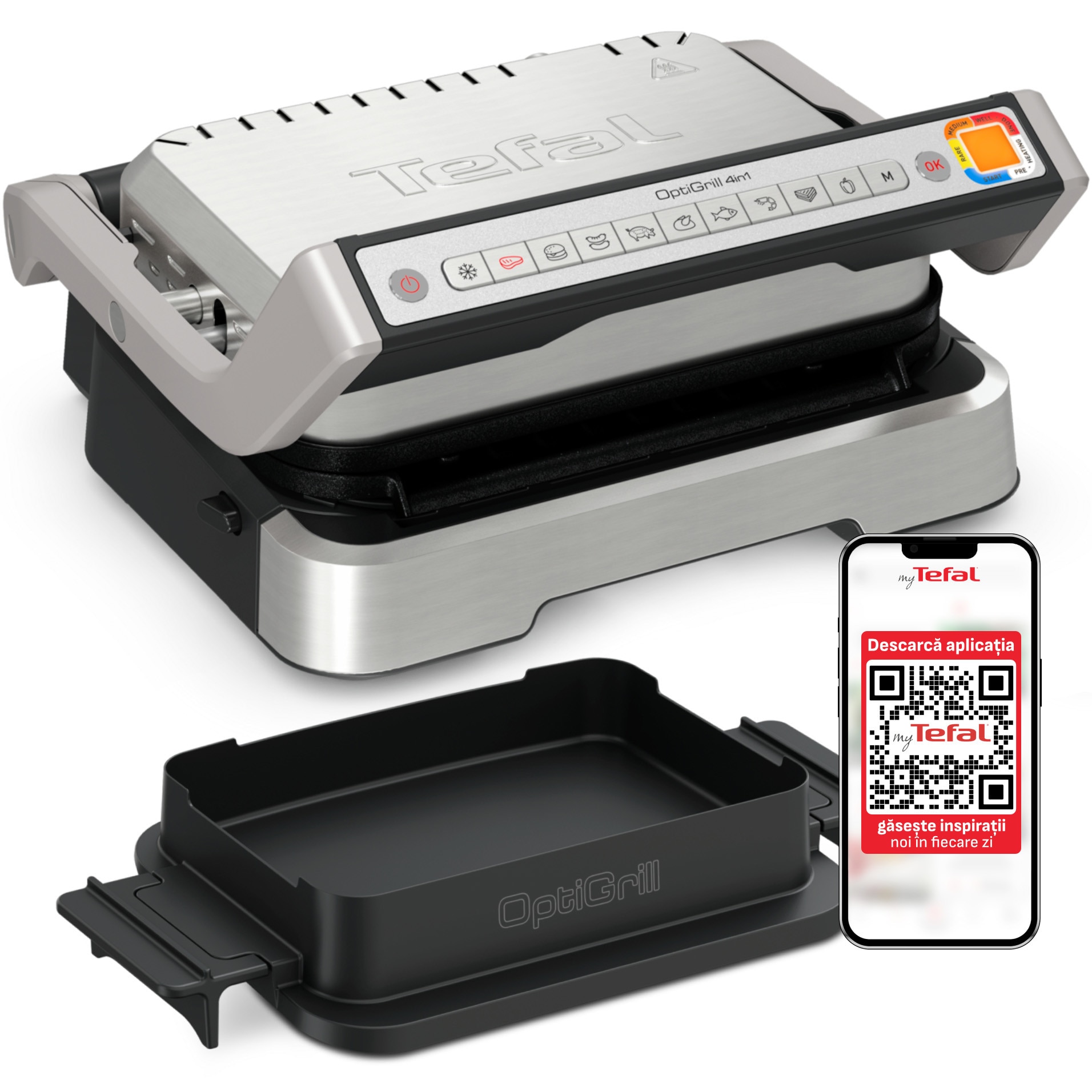 Fotografie Gratar electric Tefal OptiGrill 4 in 1 GC774D30, 2100 W, 9 programe automate, suprafata 30×20 cm, 4 trepte de temperatura, tava pentru cuptor, placi detasabile antiaderente, control tactil, negru/inox