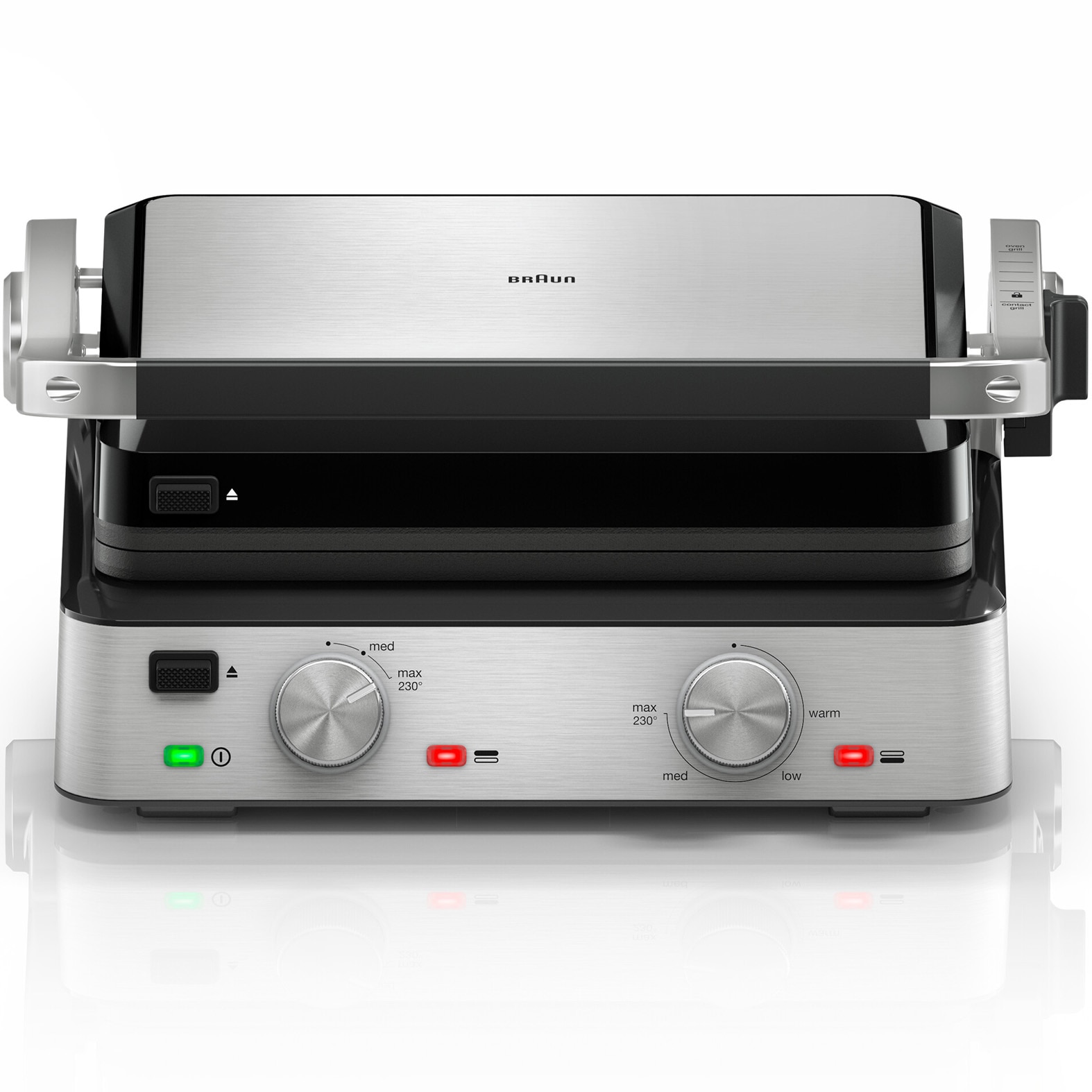 Fotografie Grătar electric BRAUN MultiGrill CG7020, 2000W, 3 moduri de gătire, 2 zone de gatit cu termostate electronice independente, 1 set de plăci detasabile, deschidere 180°, tava scurgere detasabila, argintiu