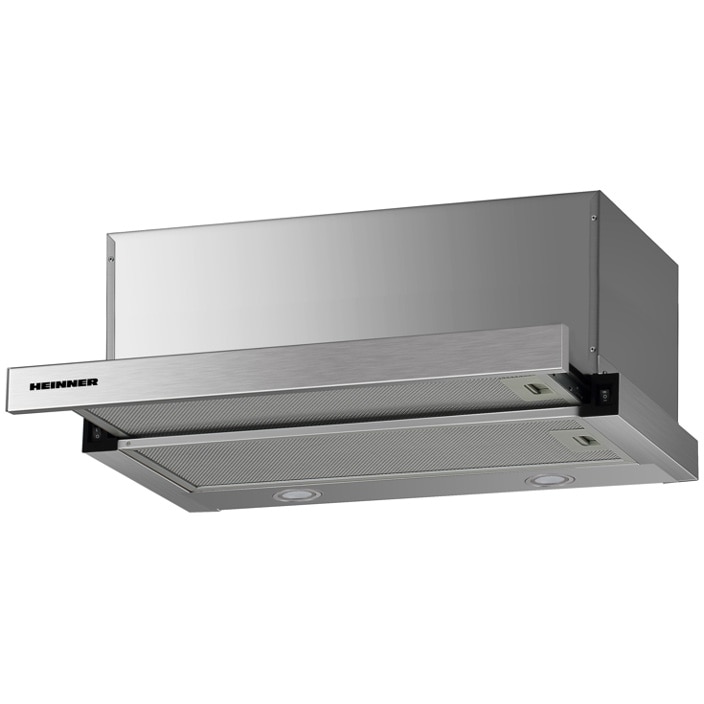 Fotografie Hota incorporabila telescopica Heinner HTCH-F660IX, Putere de absorbtie 611.79 m3/h, 1 motor, Iluminare LED, 59.5 cm, Inox
