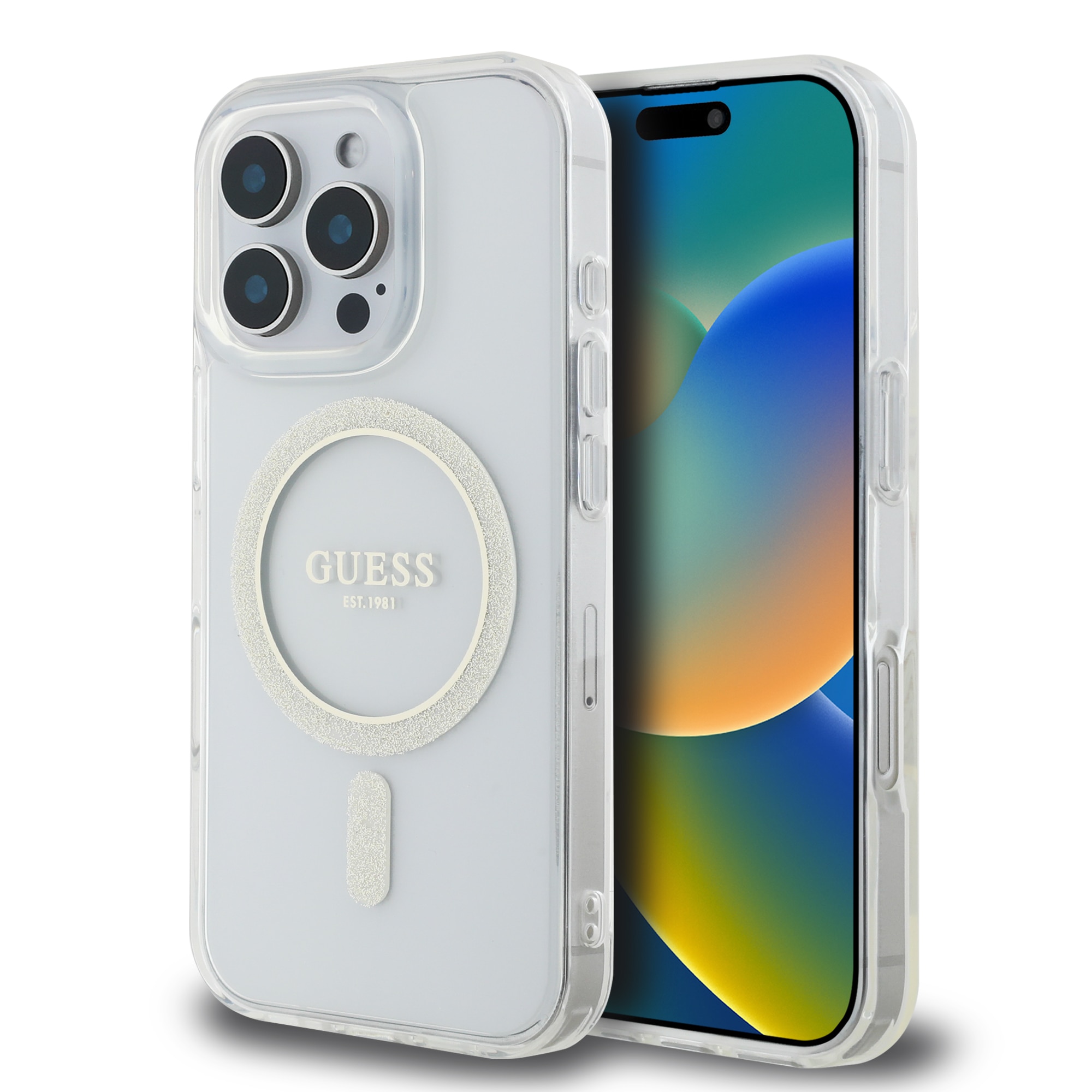 Fotografie Husa de protectie Guess IML Glitter Ring MagSafe pentru iPhone 16 Pro Max, Transparent