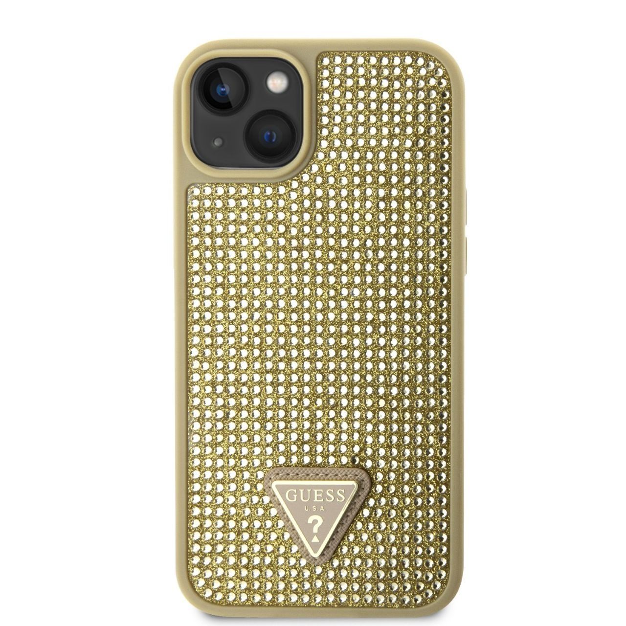 Fotografie Husa de protectie Guess Rhinestones Triangle Metal Logo pentru iPhone 14, Auriu
