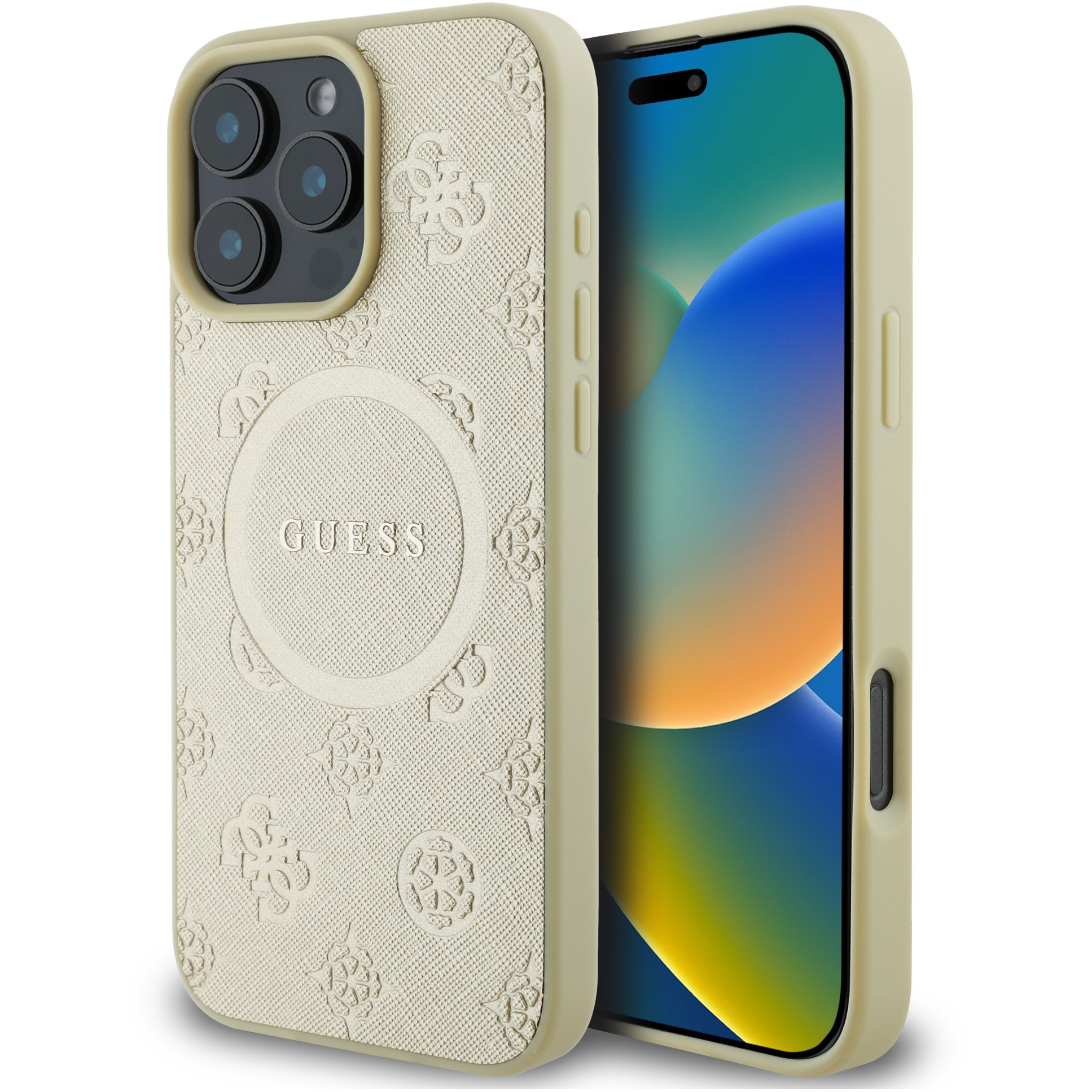 Fotografie Husa de protectie Guess Saffiano Peony Stamp MagSafe pentru iPhone 16 Pro, Gold
