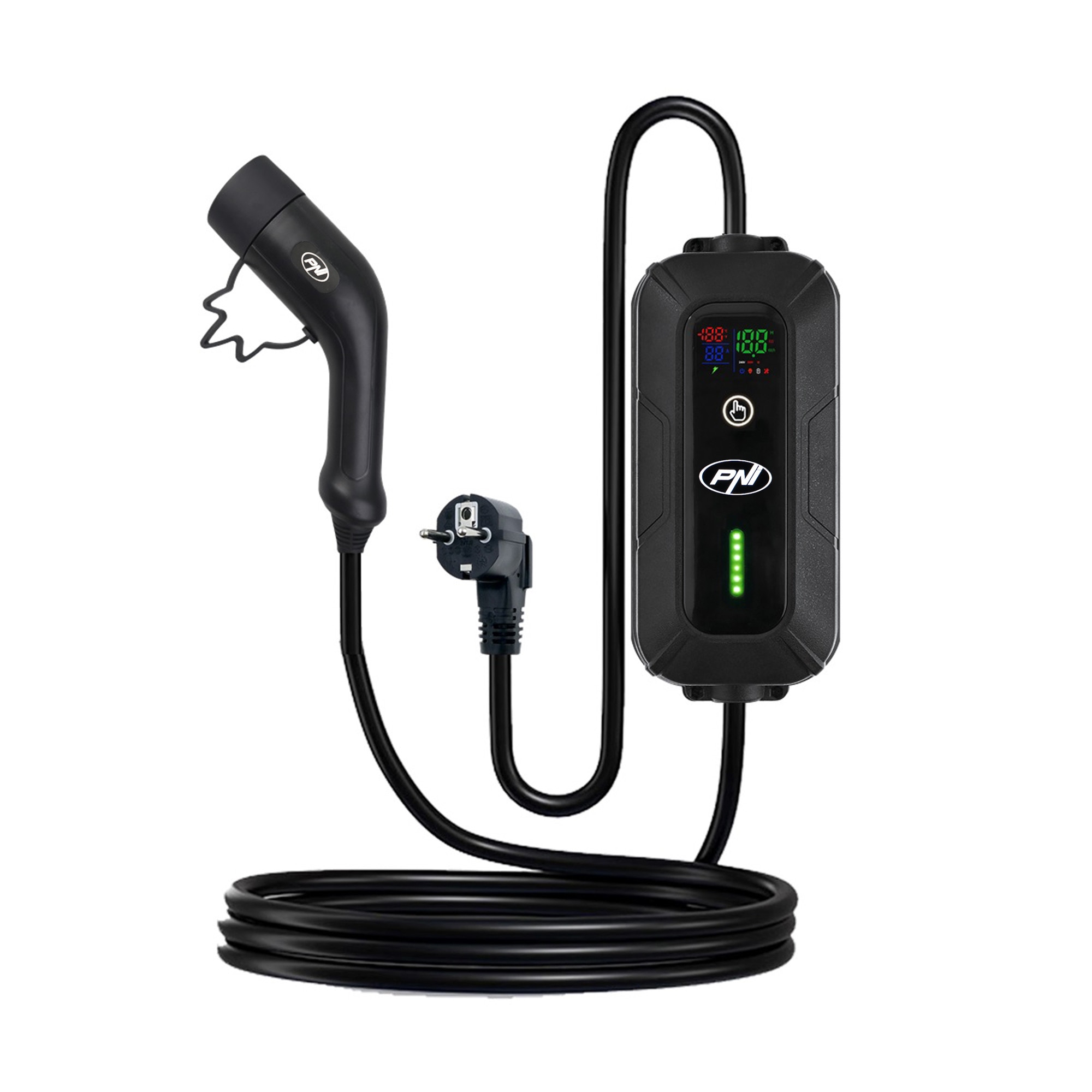 Fotografie Incarcator portabil PNI KW3, 16A, 3.5KW, pentru masini electrice, 230V, monofazat, cablu Type 2 si conector 5 pini IEC62196, cu temporizare, IP66