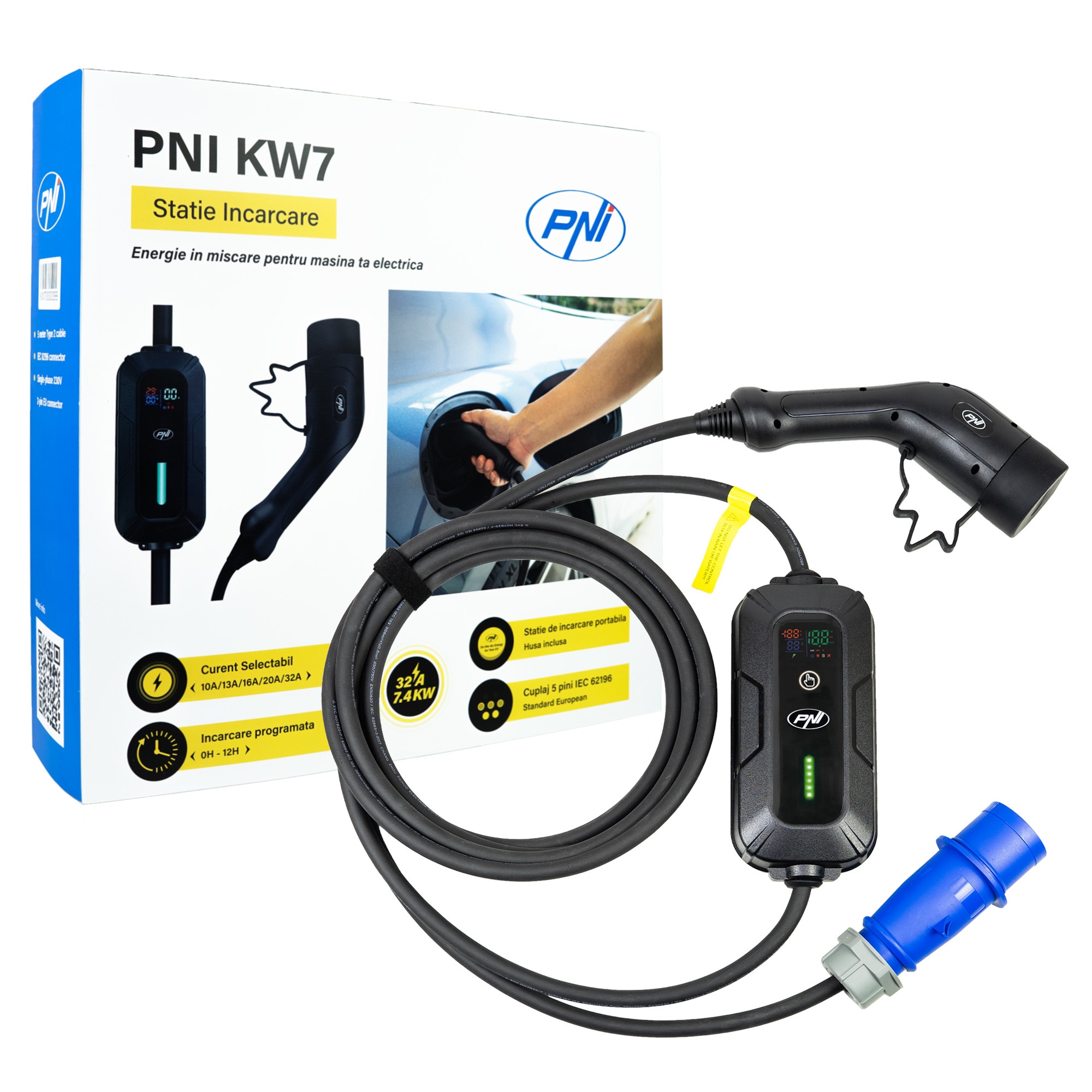 Fotografie Incarcator portabil PNI KW7 32A, 7.4KW, pentru masini electrice, 230V, monofazat, cablu Type 2 si conector 5 pini IEC62196, cu temporizare, IP66