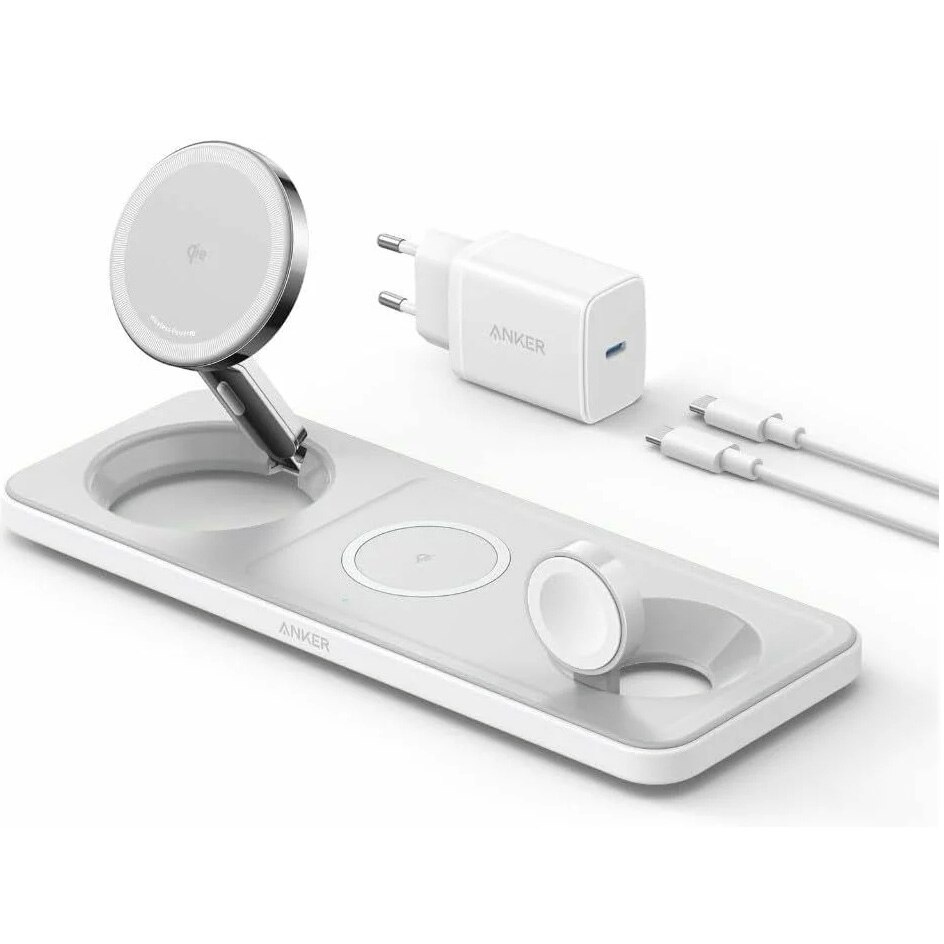 Fotografie Incarcator wireless Anker, "MagGo" 15W, 3-in-1, 3 x wireless, Alb, "B25M1321"