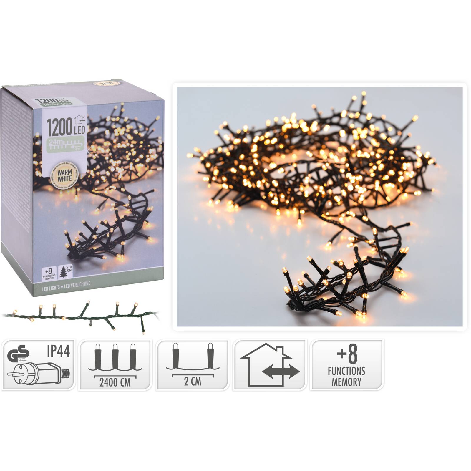 Fotografie Instalatie micro cluster Craciun, 1200 LED-uri, lumina calda, 8 functii, exterior,2400 cm