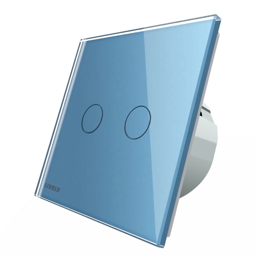 Fotografie Intrerupator dublu cap-scara cap-cruce cu touch Livolo, din sticla, Wi-Fi, Albastru