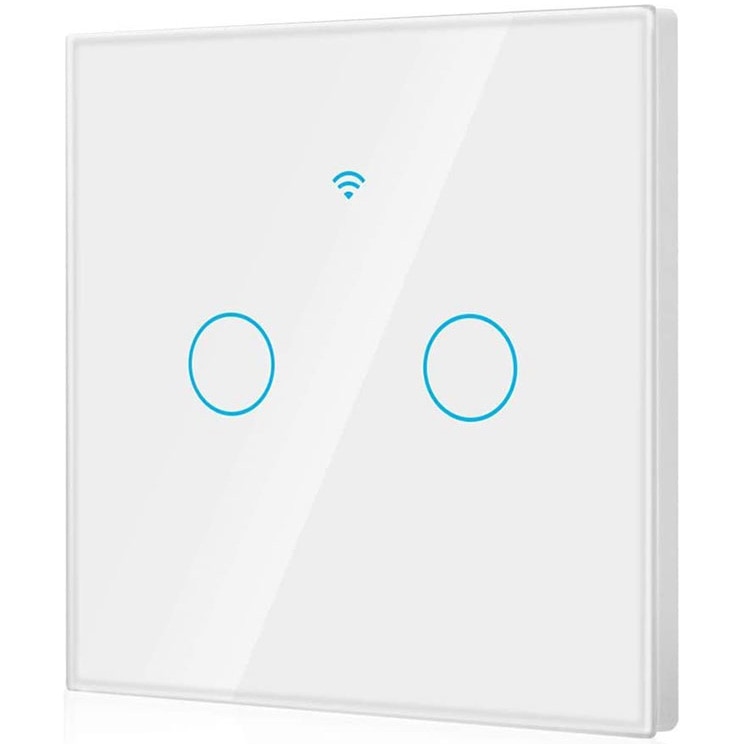Fotografie Intrerupator inteligent cu touch Rovo FN2C, Wi-Fi, fara nul, 2 canale, 10A, RF 433MHz, sticla securizata, Tuya, Life Smart, compatibil Amaxon Alexa/Google Assistant, Alb