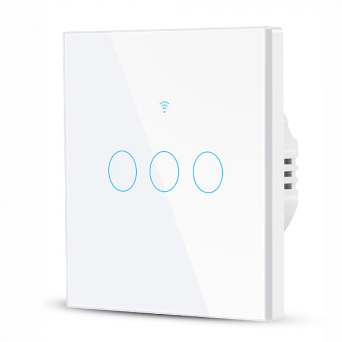 Fotografie Intrerupator inteligent cu touch Rovo FN3C, Wi-Fi, fara nul, 3 canale, 10A, RF 433MHz, sticla securizata, Tuya, Life Smart, compatibil Amazon Alexa/Google Assistant, Alb